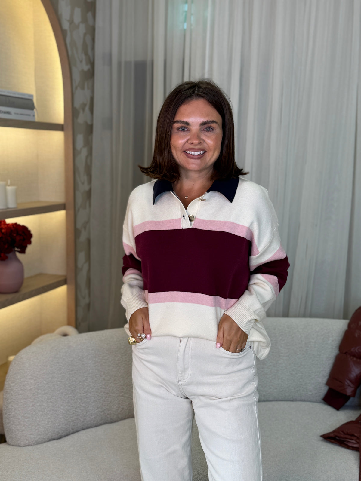 Millie Wine Stripe Rugby Top In Cream