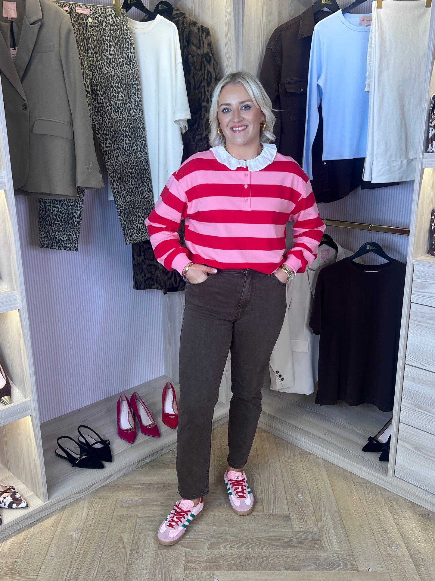 Connie Frill Collar Rugby Shirt In Red Mix