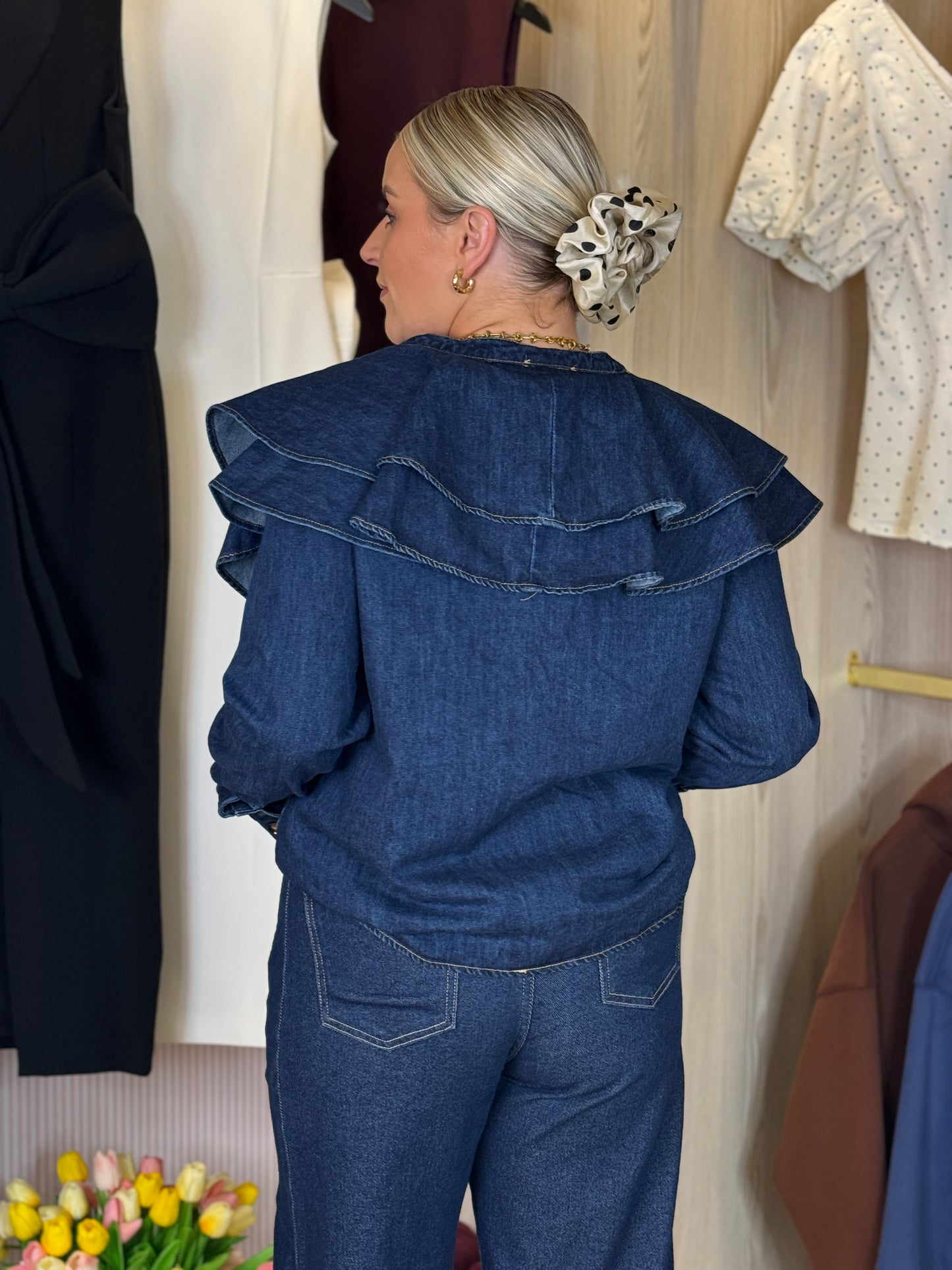 Cora Frill Collar Denim Shirt In Dark Wash