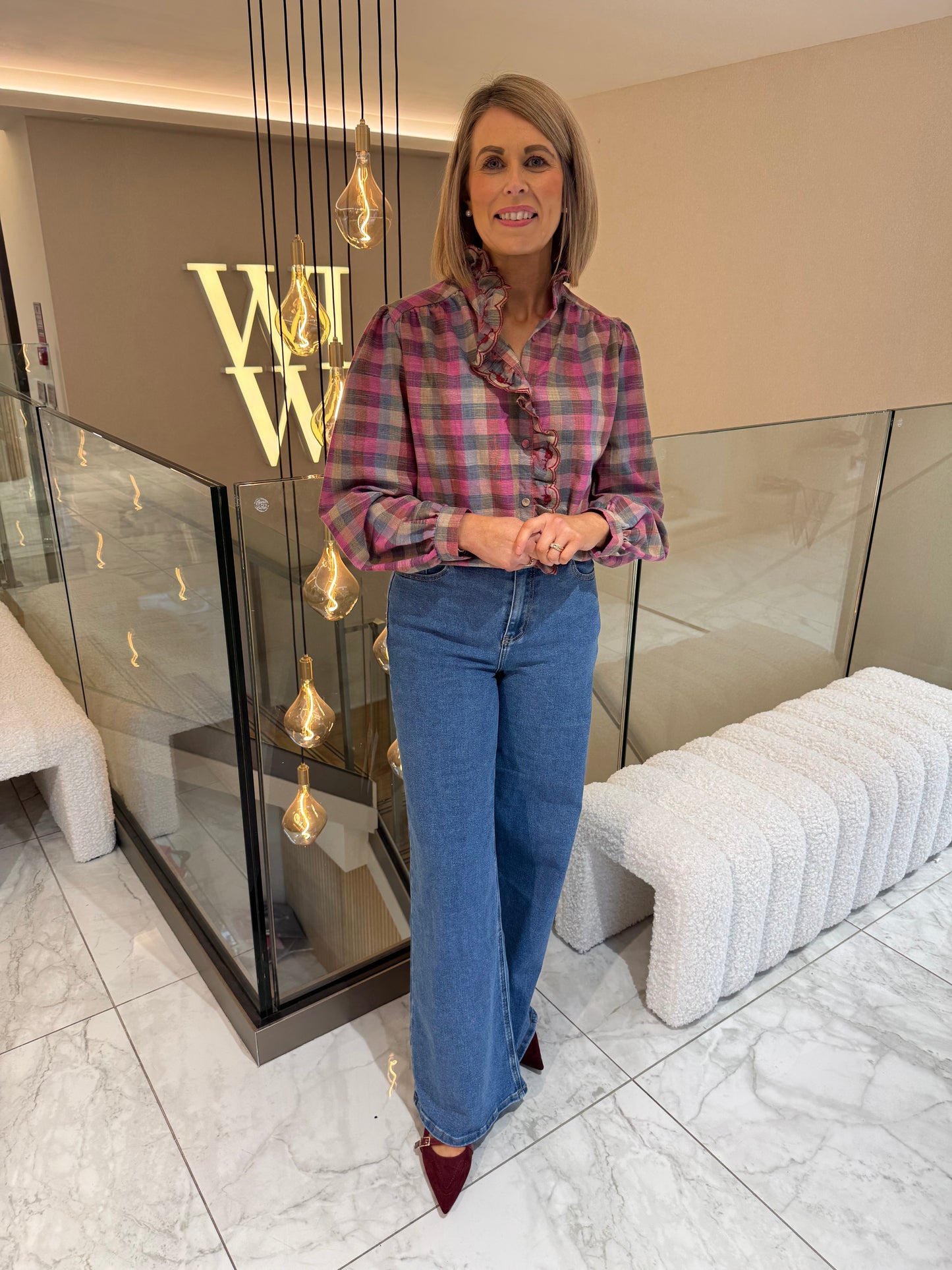 Millie Ruffle Front Check Shirt In Pink Mix