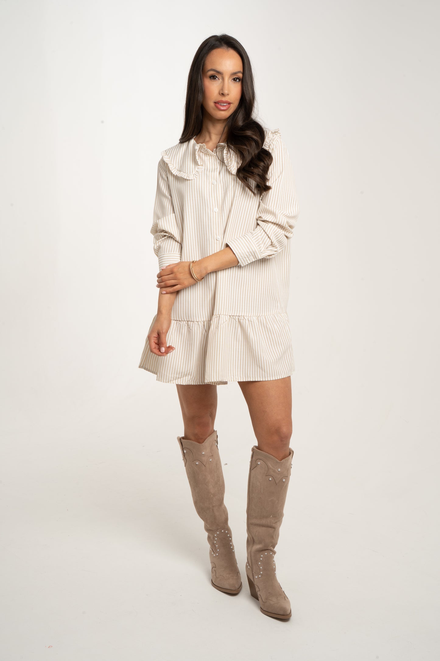 Polly Frill Collar Dress In Beige Stripe