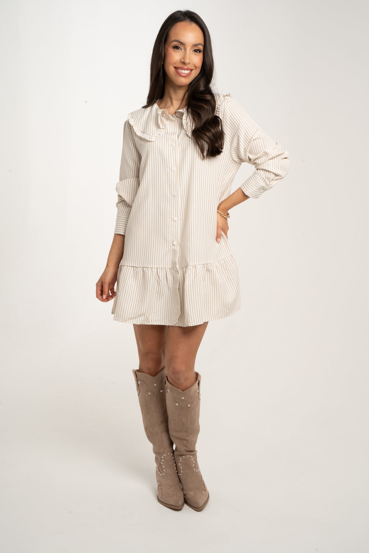 Polly Frill Collar Dress In Beige Stripe