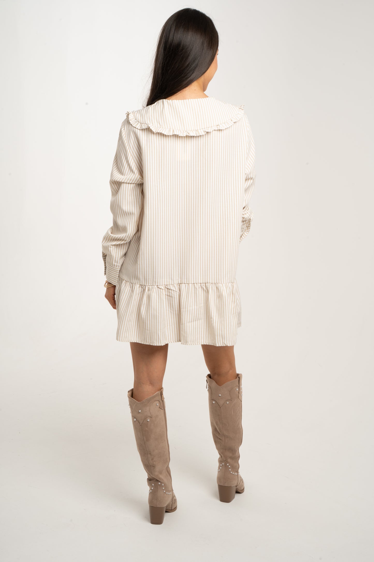 Polly Frill Collar Dress In Beige Stripe