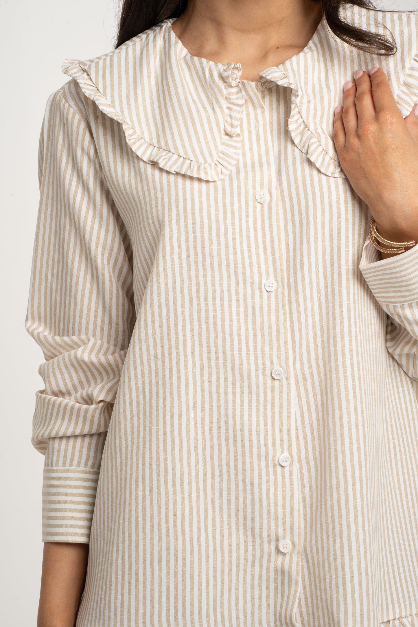 Polly Frill Collar Dress In Beige Stripe