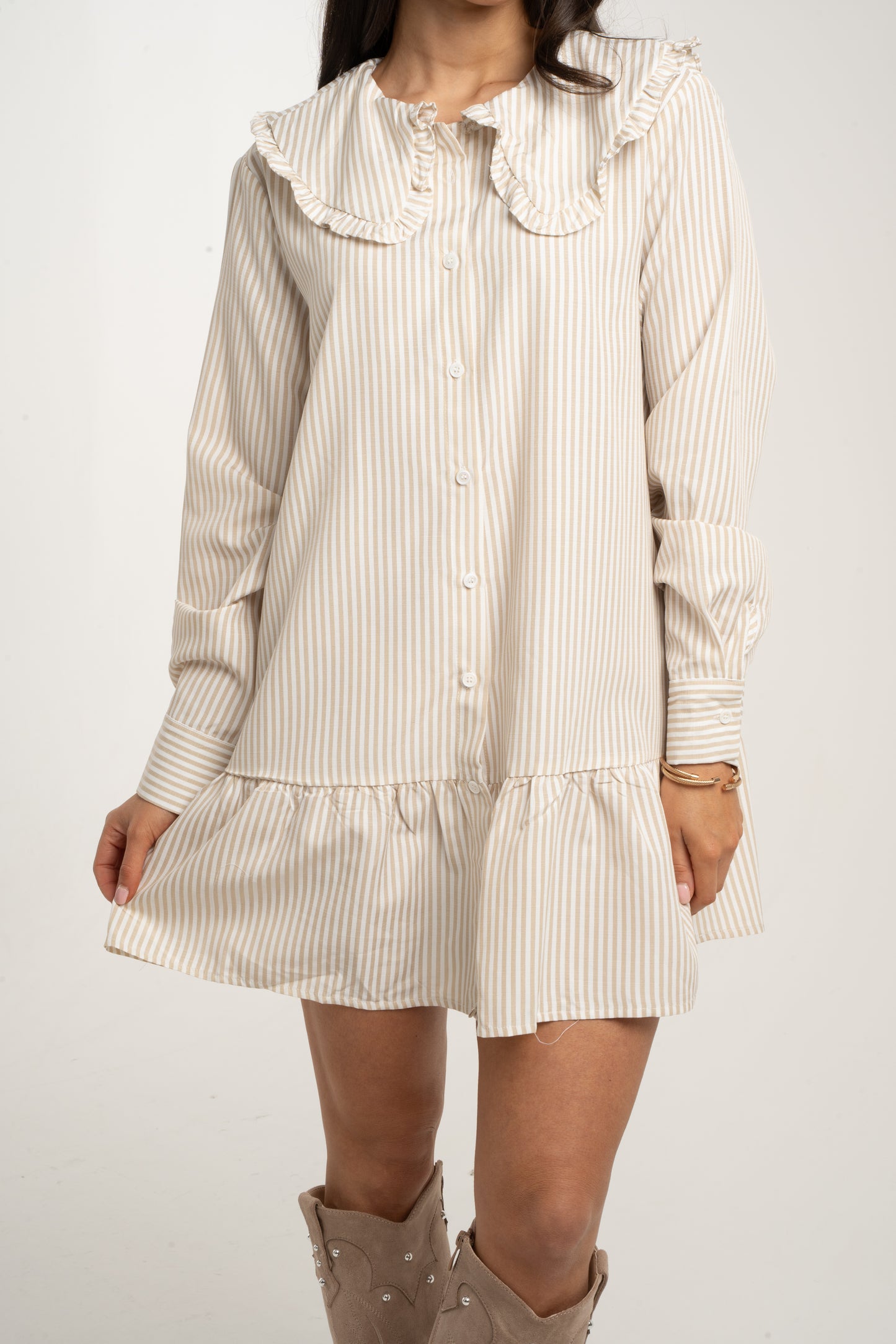 Polly Frill Collar Dress In Beige Stripe