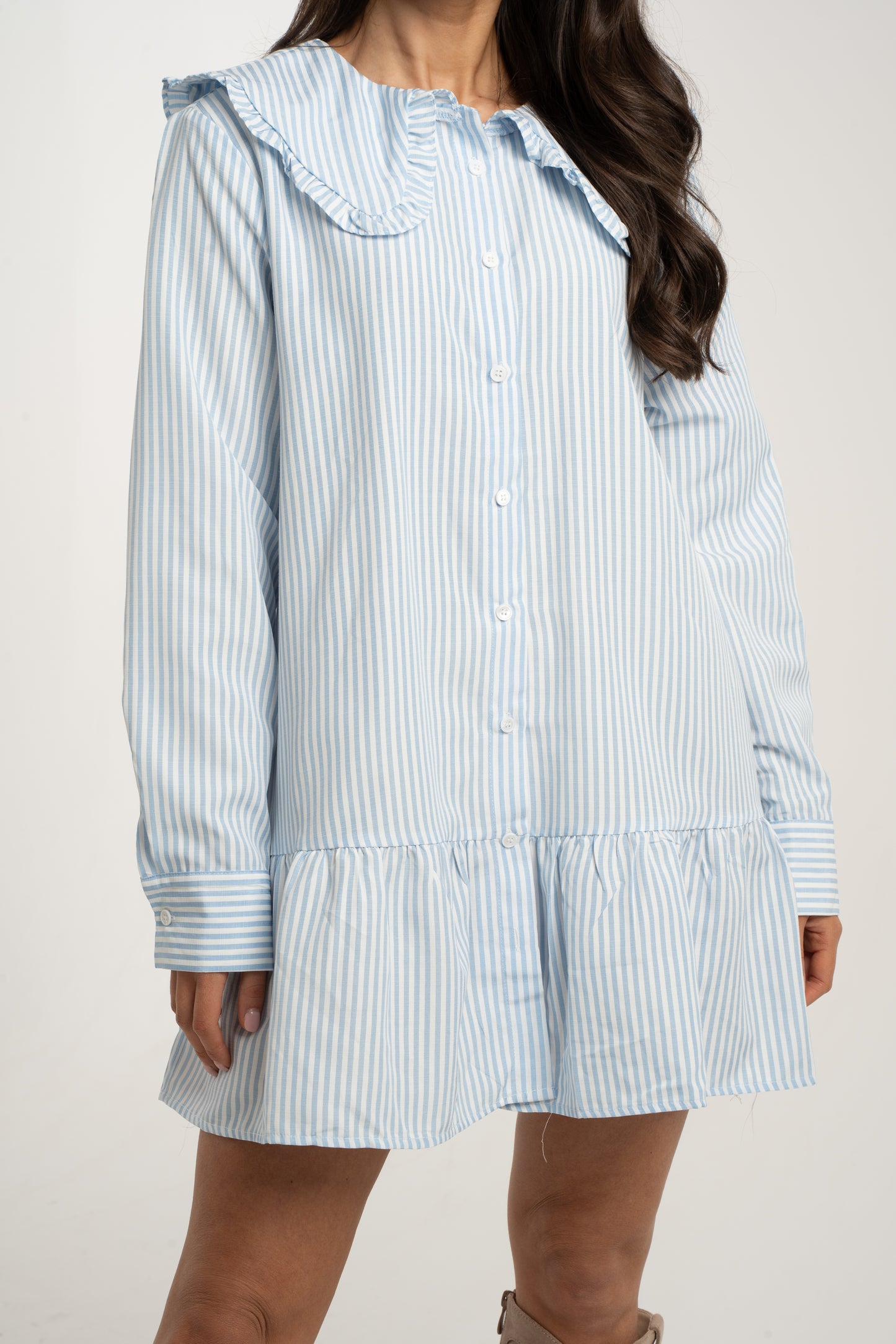 Polly Frill Collar Dress In Blue Stripe