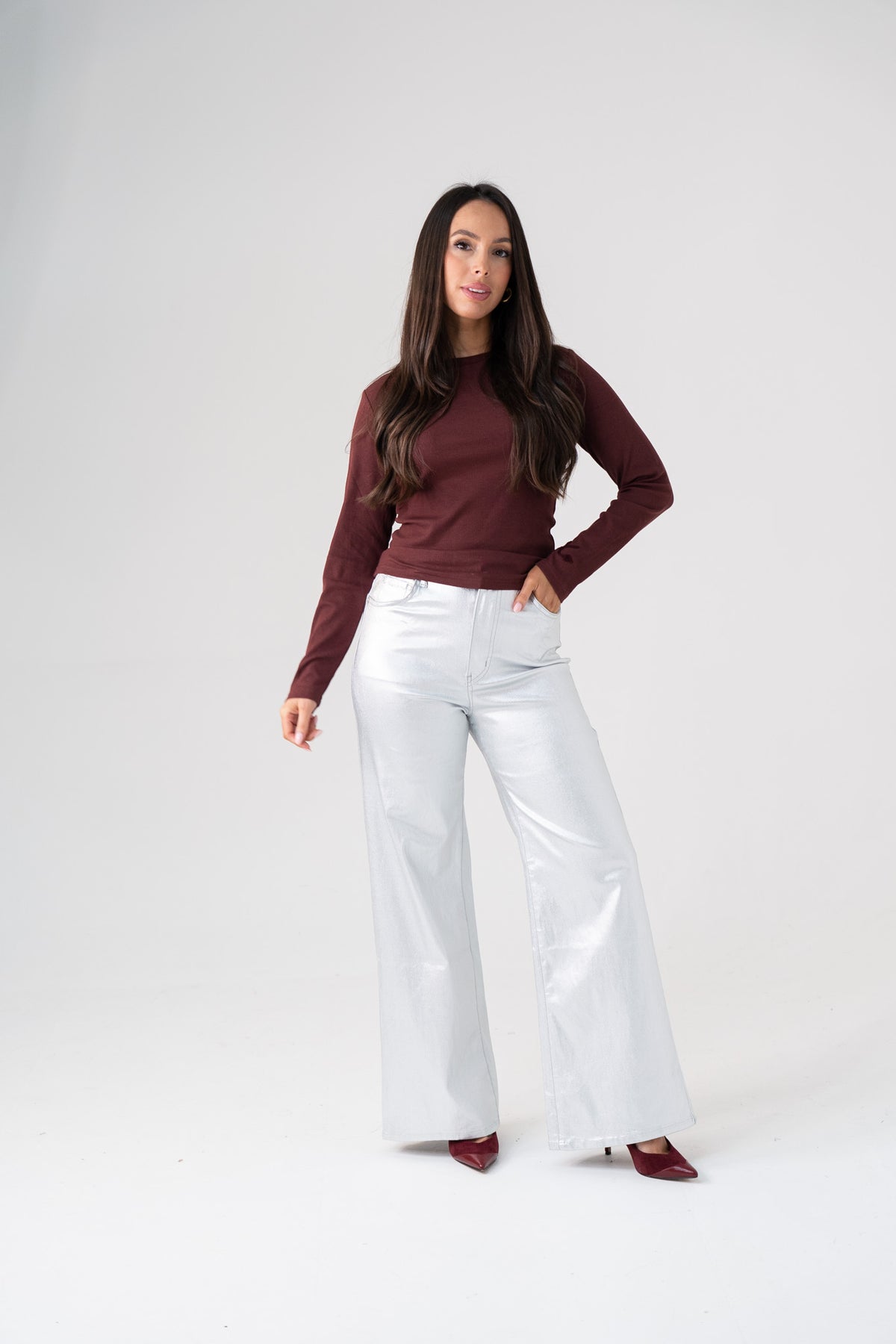 Polly Metallic Flared Trousers In Silver