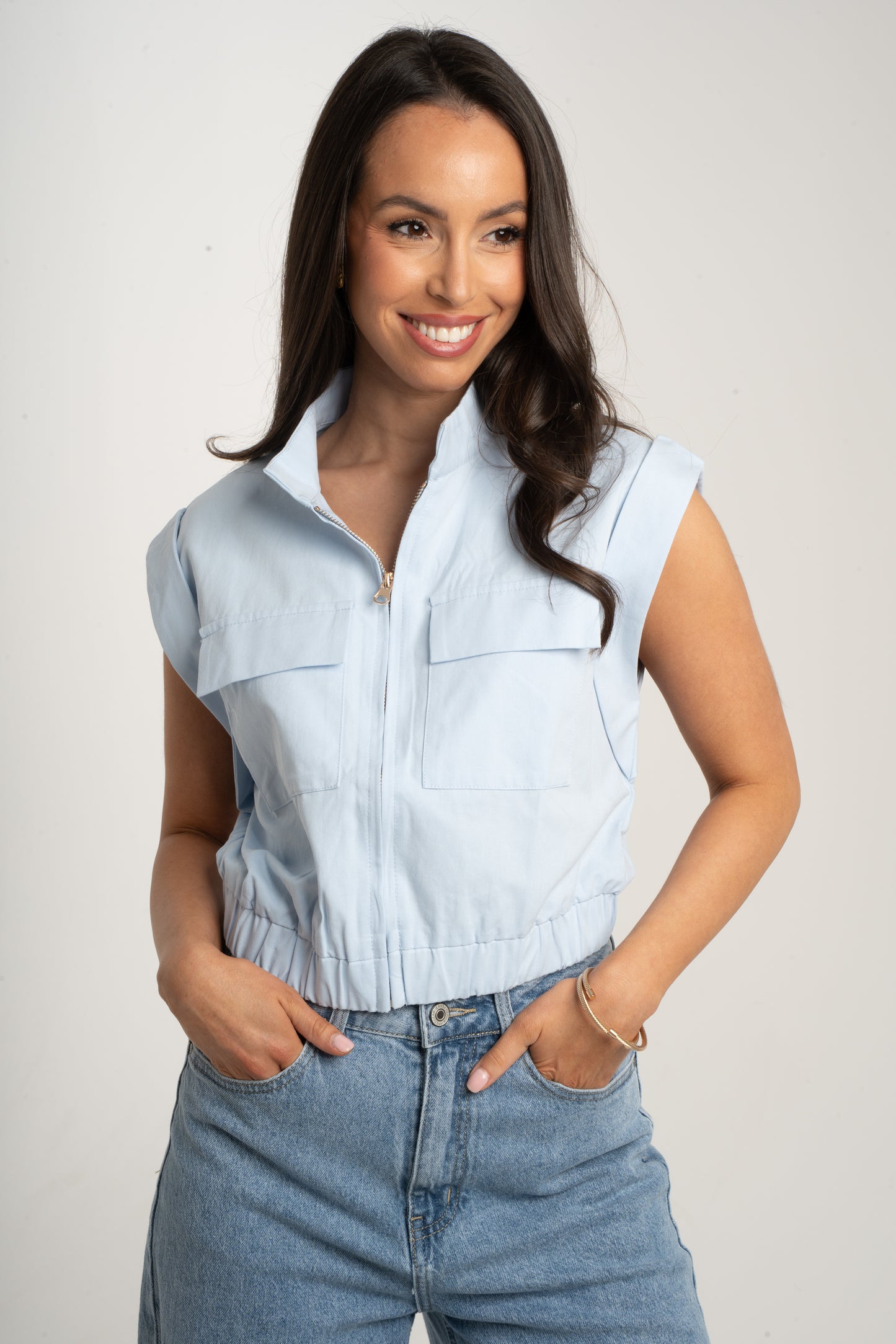 Polly Sleeveless Cargo Jacket In Blue