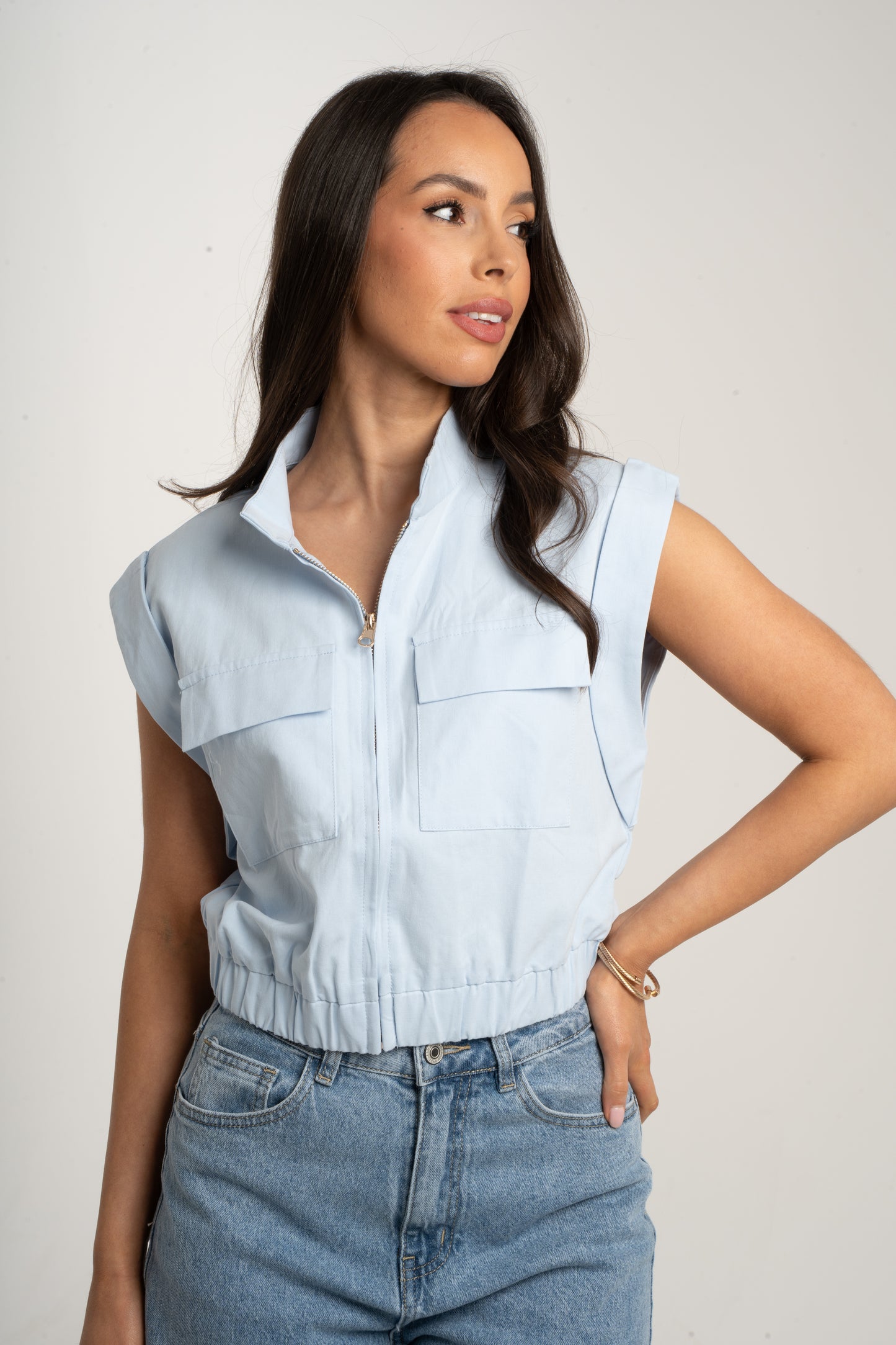 Polly Sleeveless Cargo Jacket In Blue