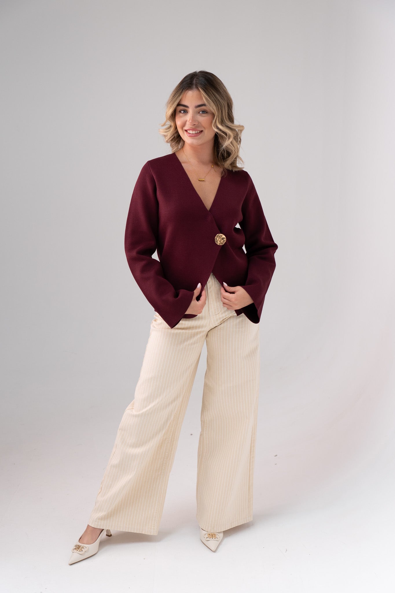 Taylor Asymmetric Button Cardigan In Bordeaux
