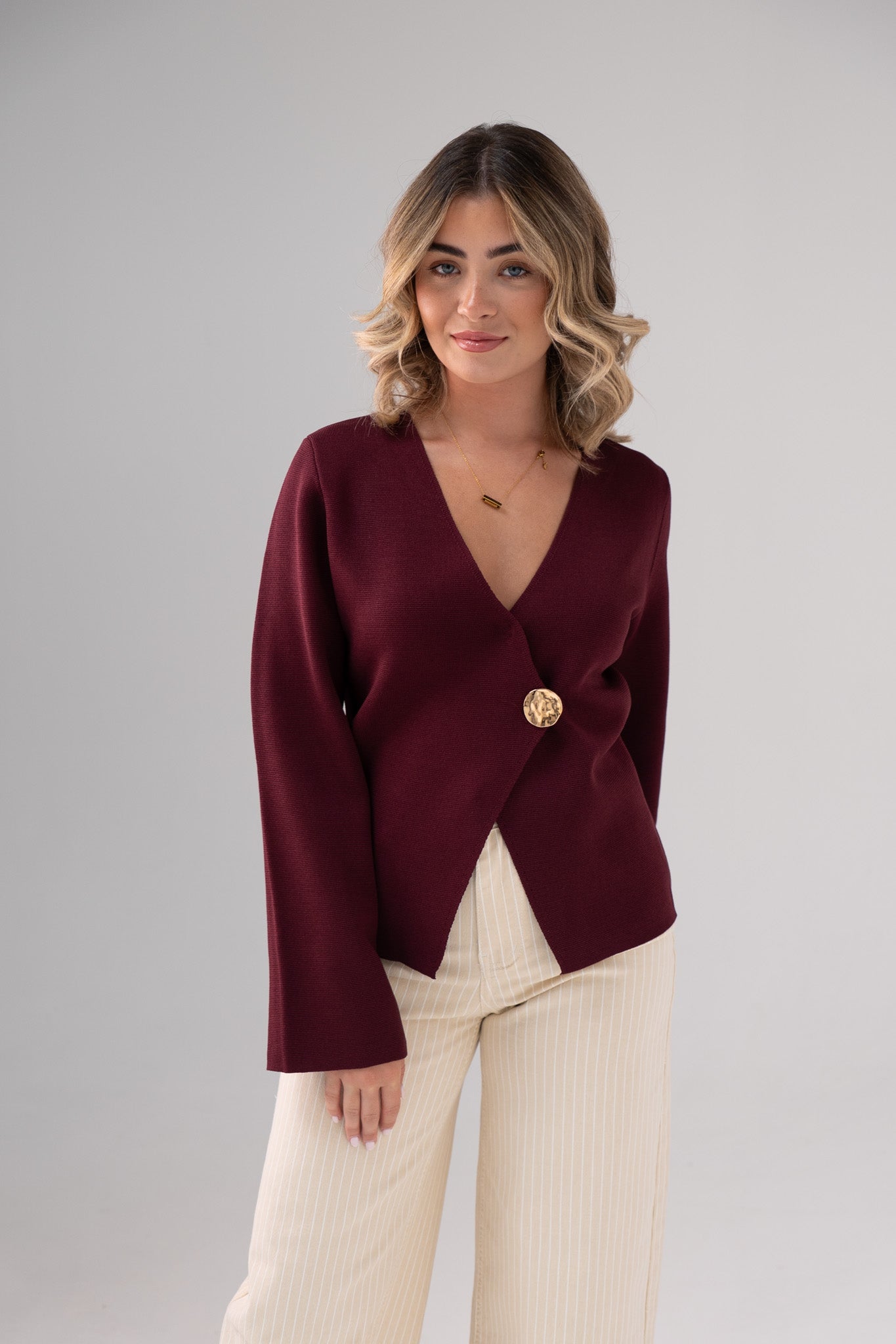 Taylor Asymmetric Button Cardigan In Bordeaux