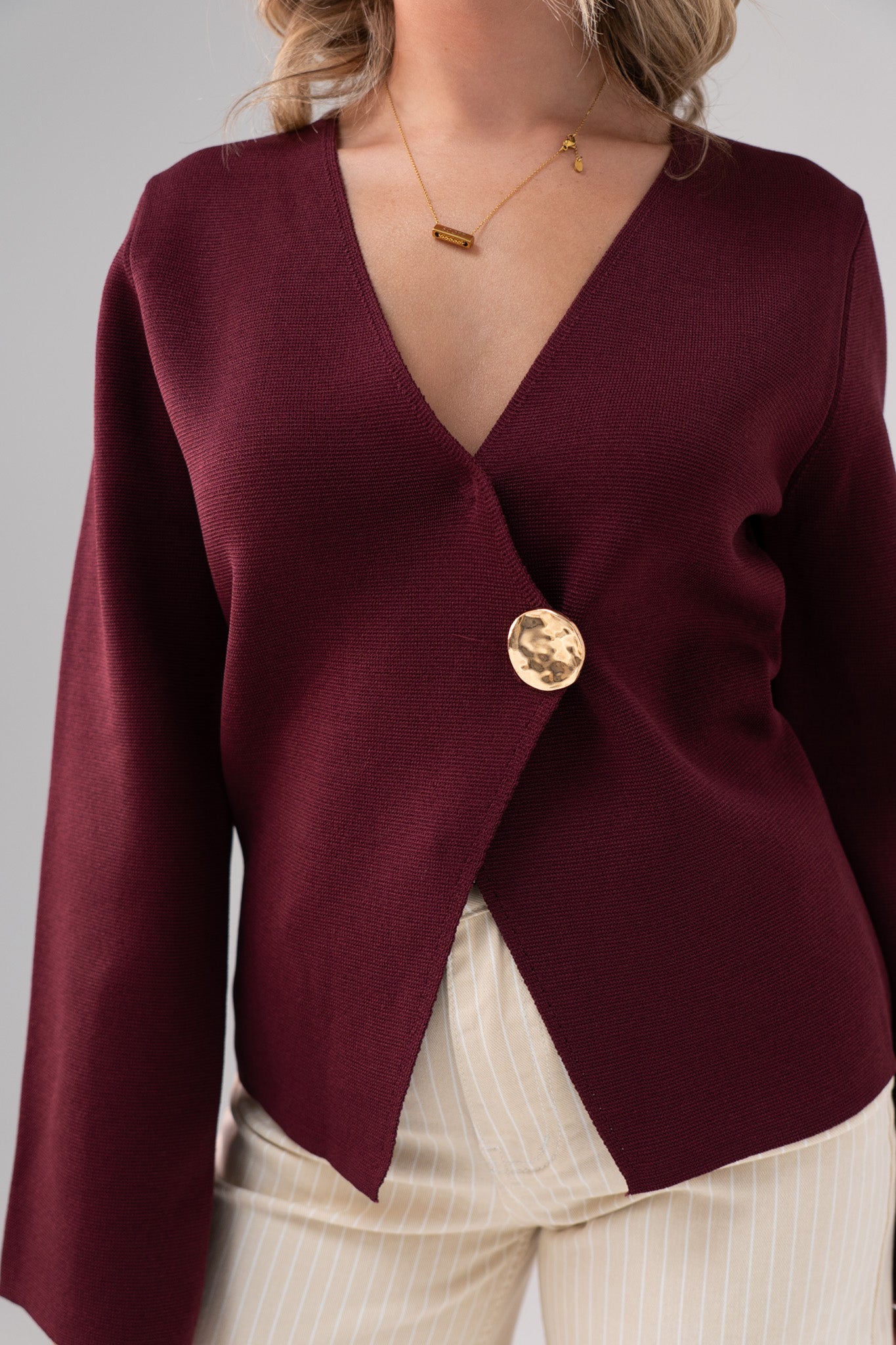 Taylor Asymmetric Button Cardigan In Bordeaux