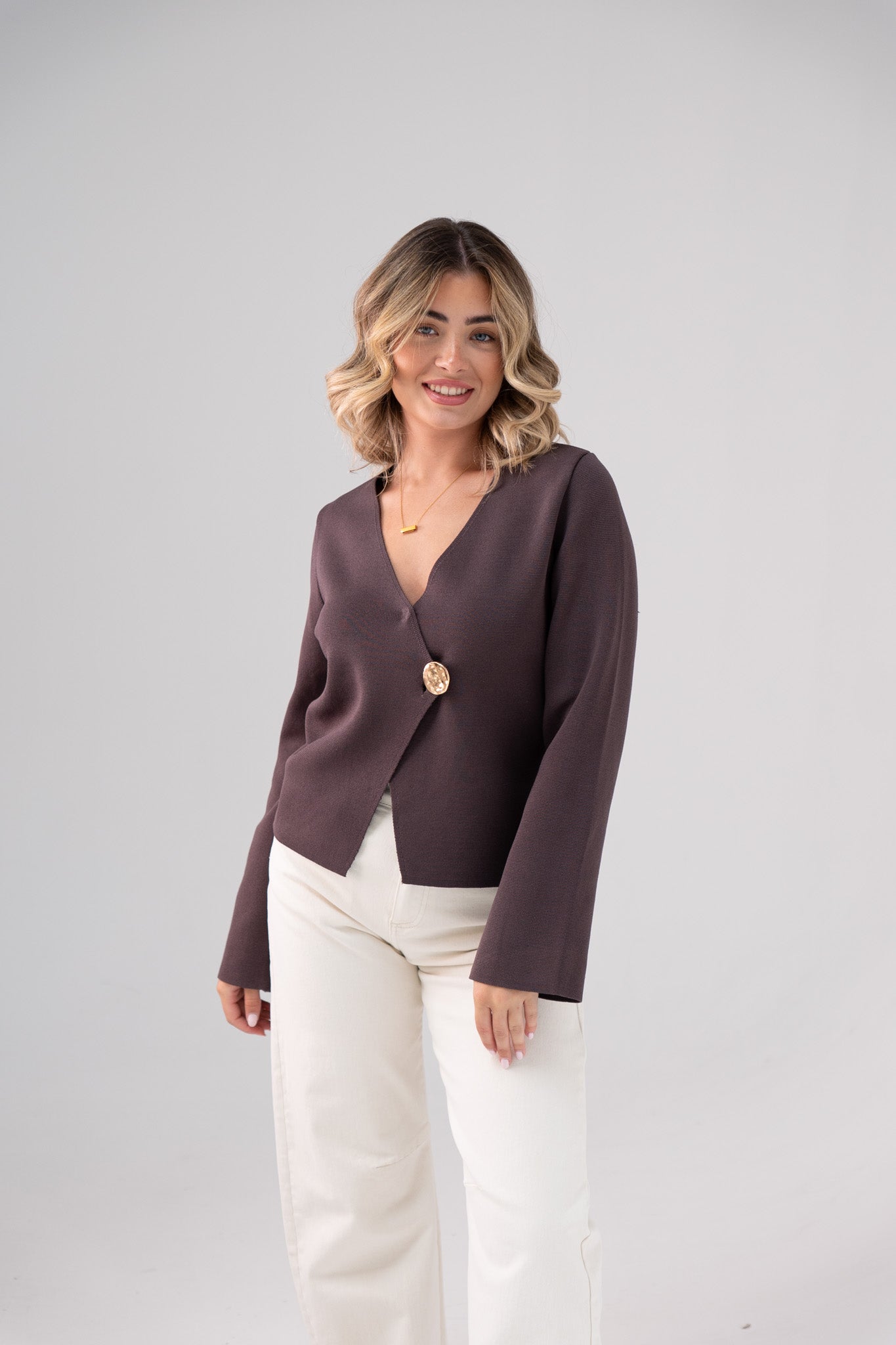 Taylor Asymmetric Button Cardigan In Chocolate