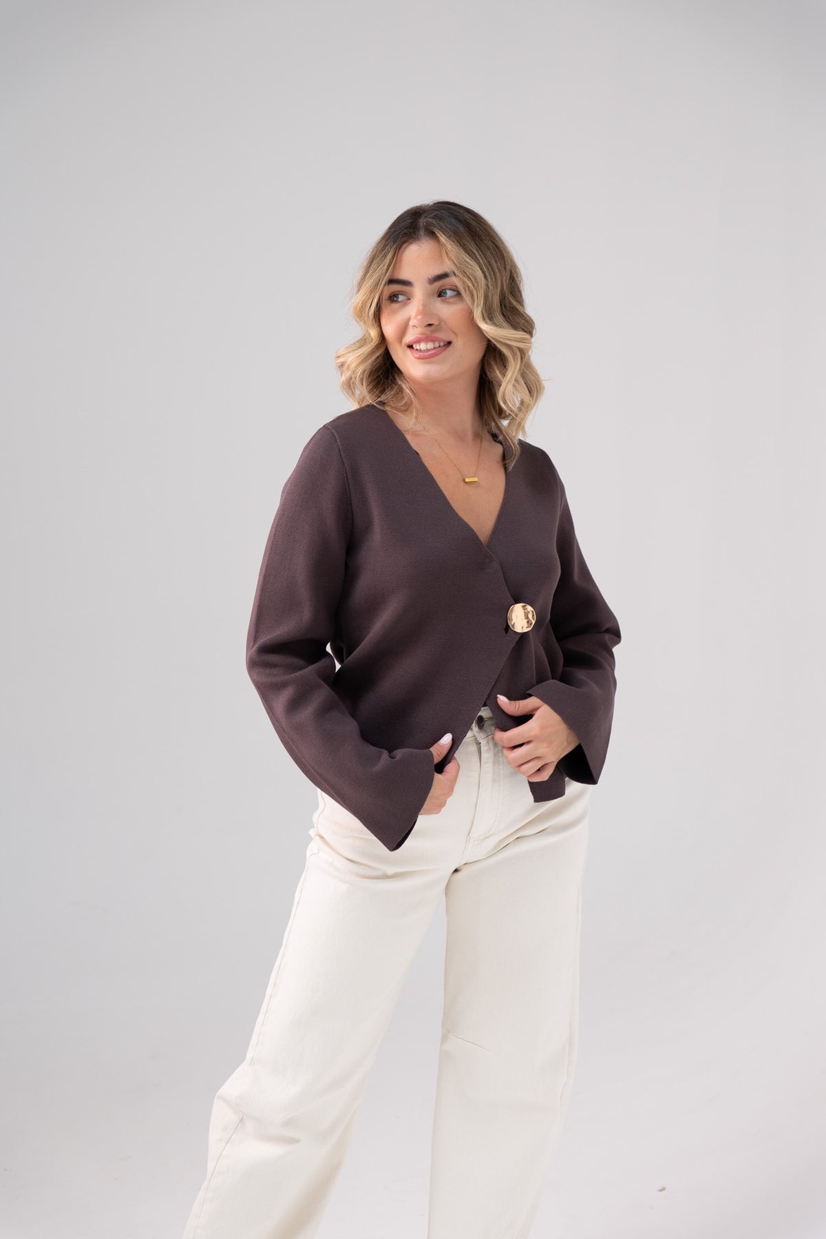 Taylor Asymmetric Button Cardigan In Chocolate