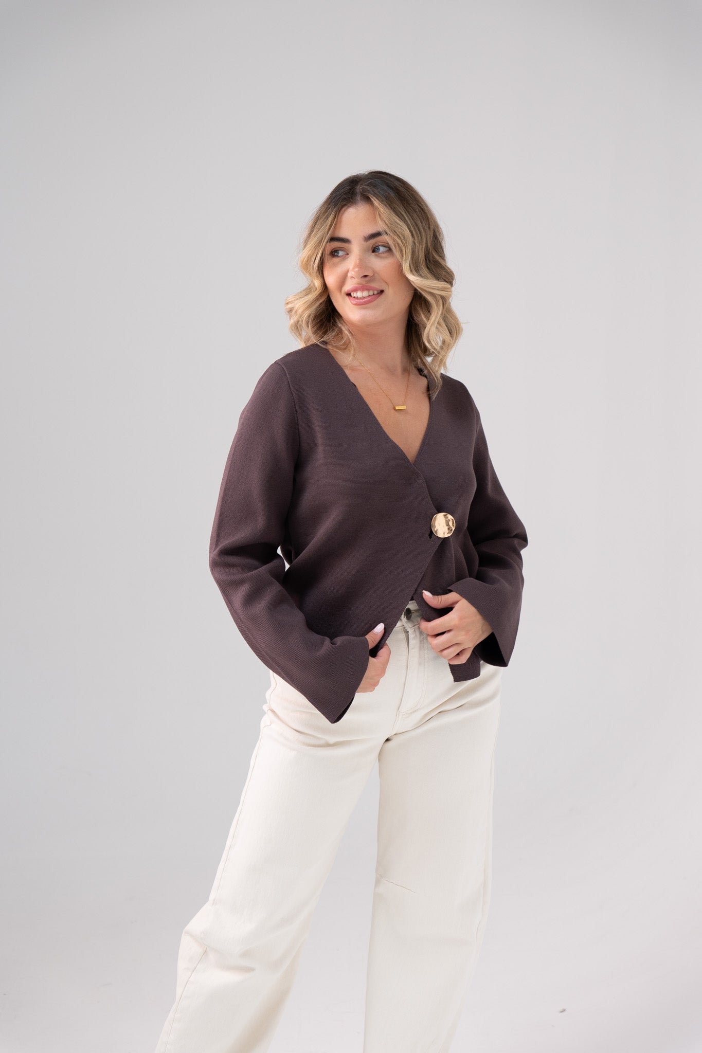 Taylor Asymmetric Button Cardigan In Chocolate