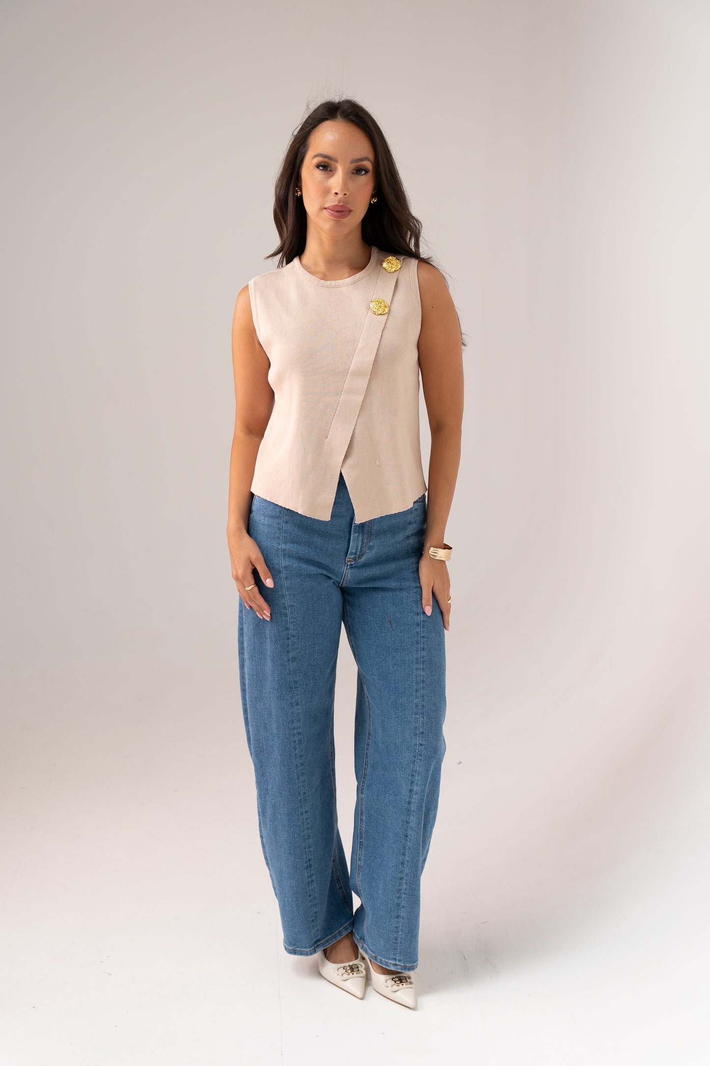 Taylor Asymmetric Sleeveless Knit In Beige