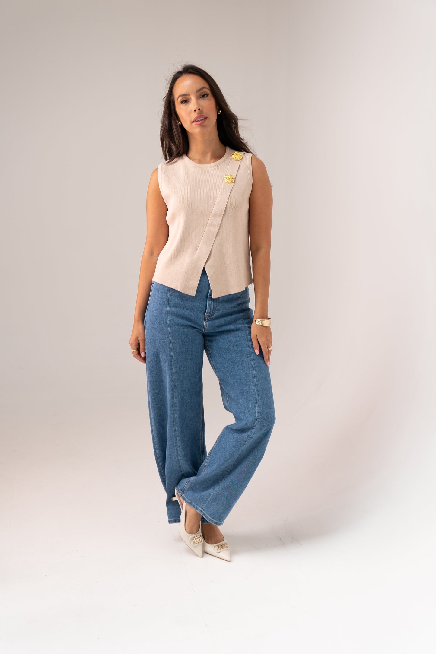 Taylor Asymmetric Sleeveless Knit In Beige