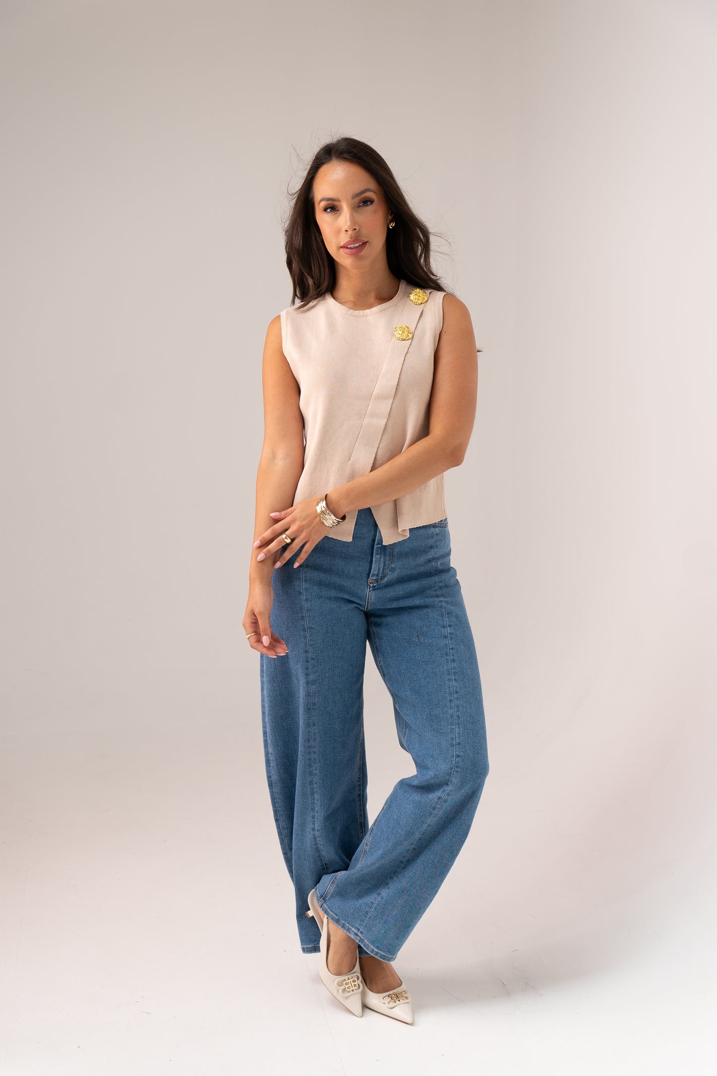 Taylor Asymmetric Sleeveless Knit In Beige