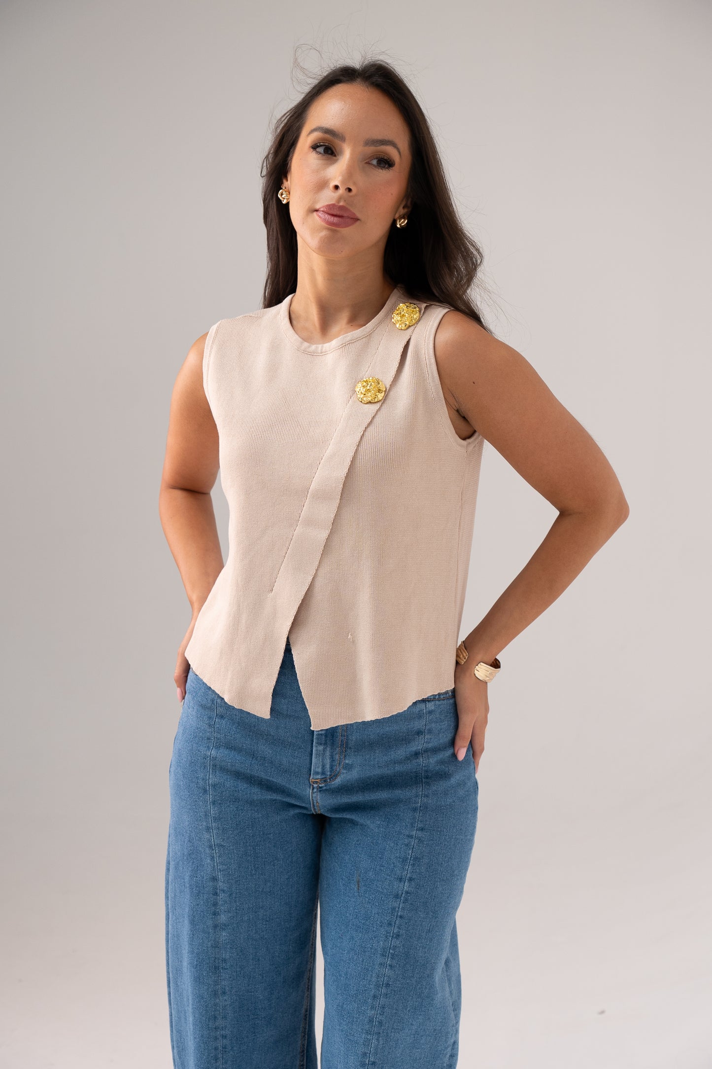 Taylor Asymmetric Sleeveless Knit In Beige
