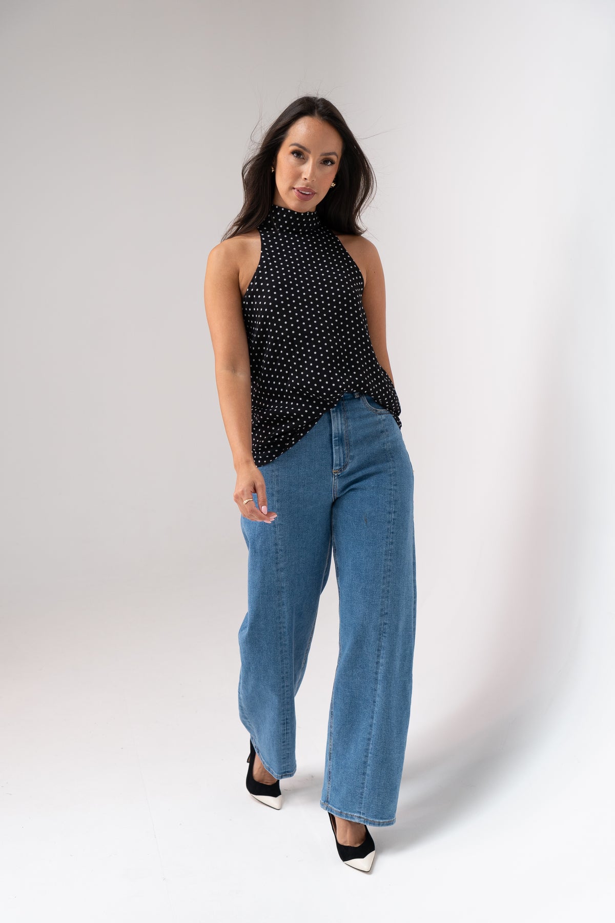 Taylor High Neck Polka Dot Top In Black