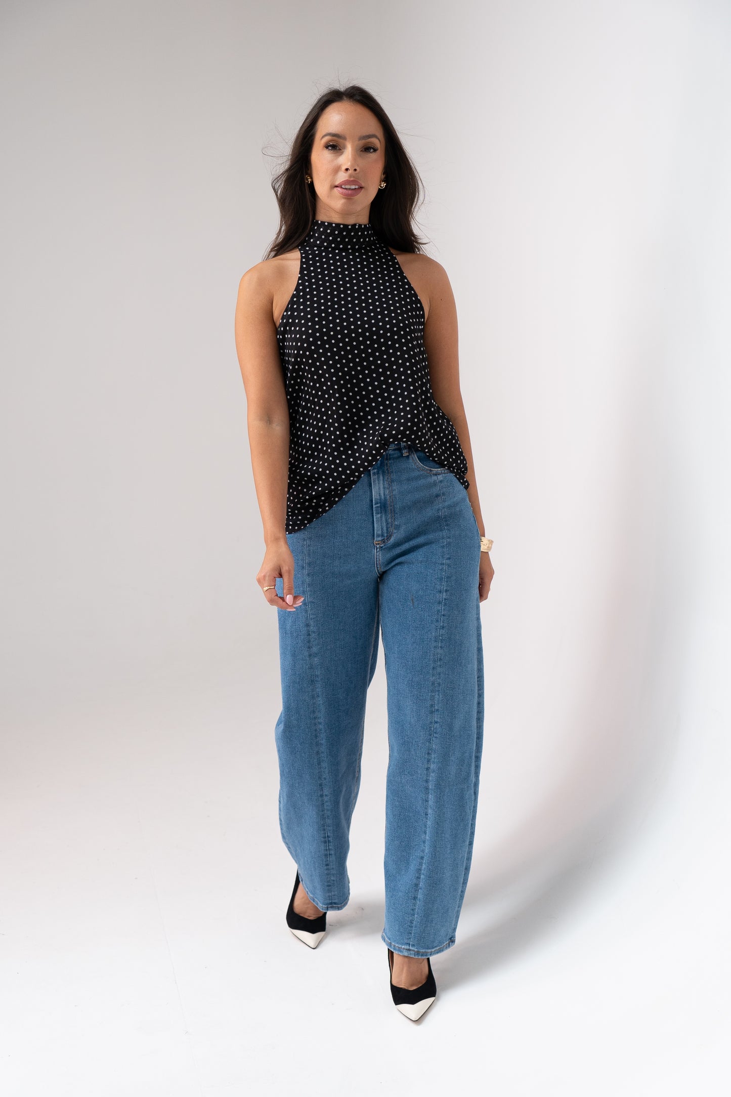 Taylor High Neck Polka Dot Top In Black