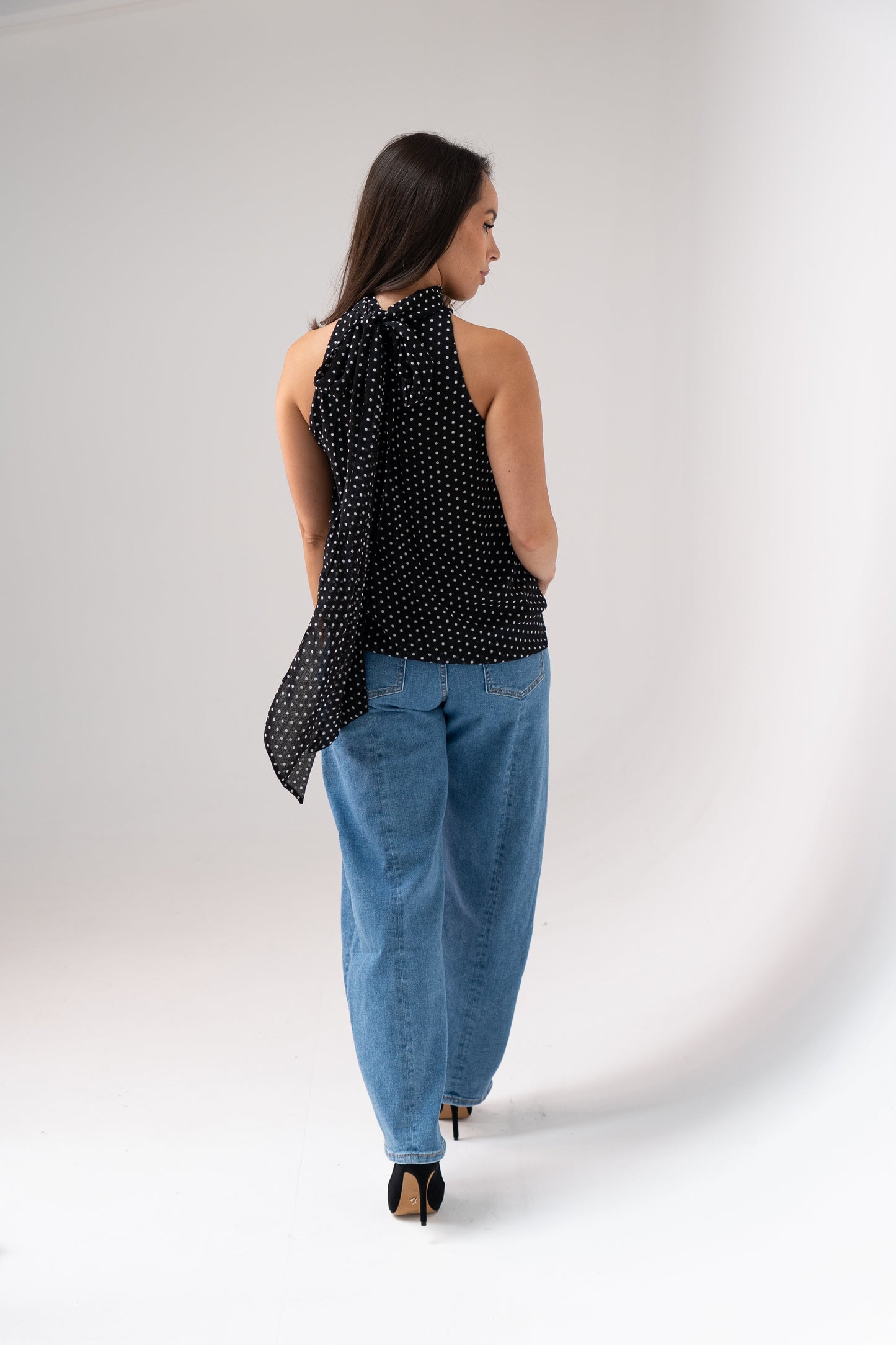 Taylor High Neck Polka Dot Top In Black
