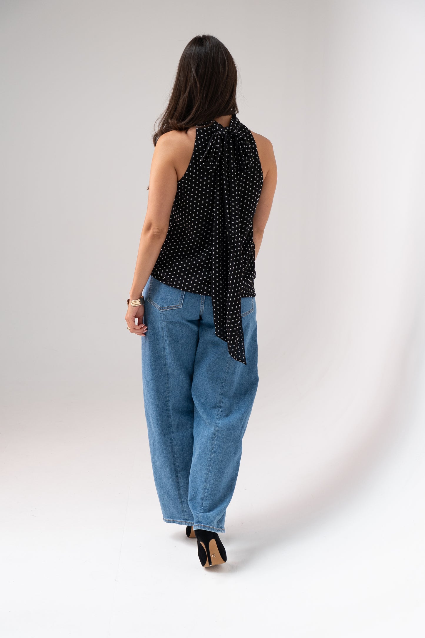 Taylor High Neck Polka Dot Top In Black