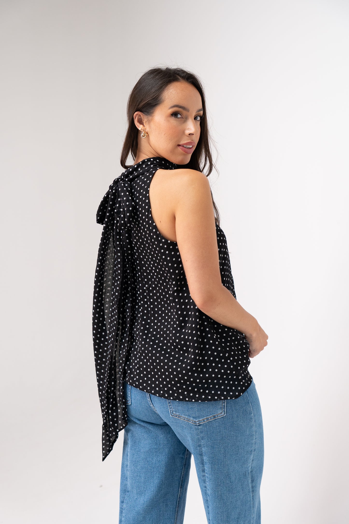 Taylor High Neck Polka Dot Top In Black