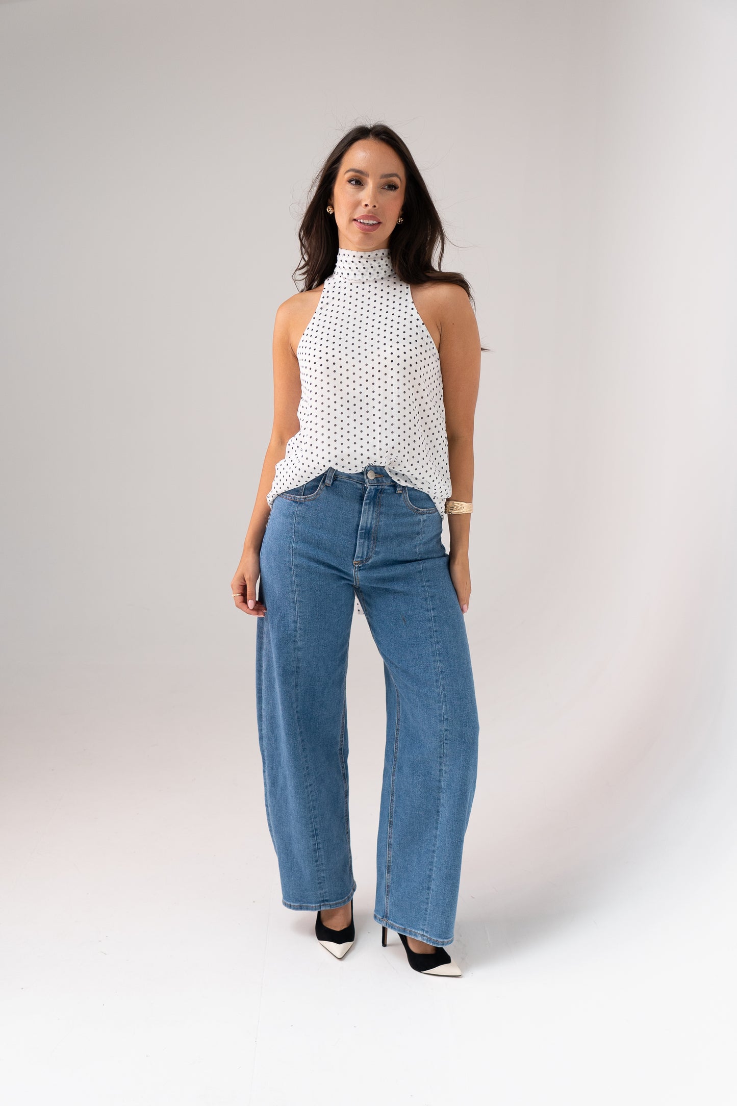 Taylor High Neck Polka Dot Top In White