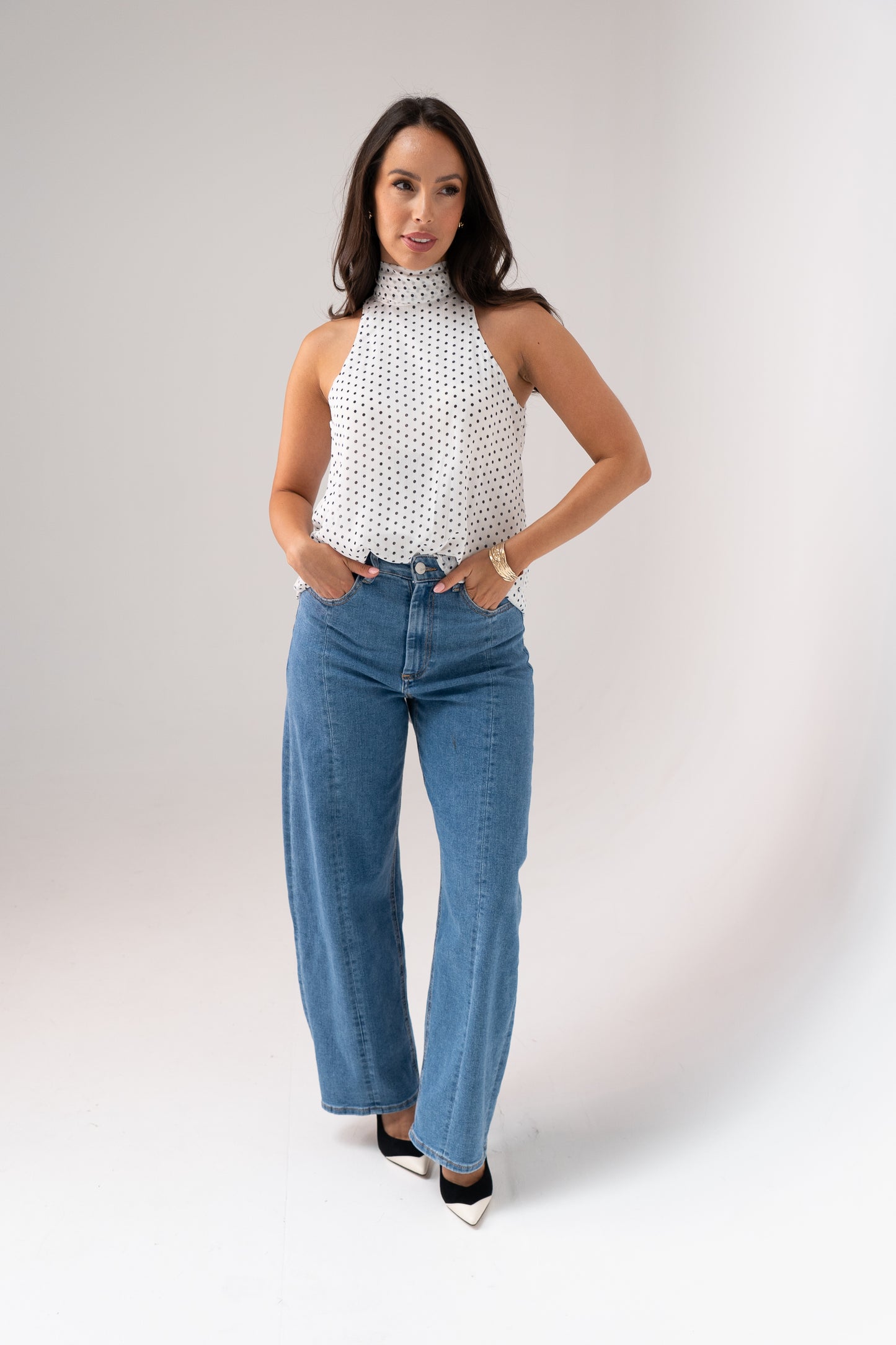 Taylor High Neck Polka Dot Top In White