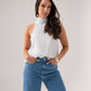 Taylor High Neck Polka Dot Top In White