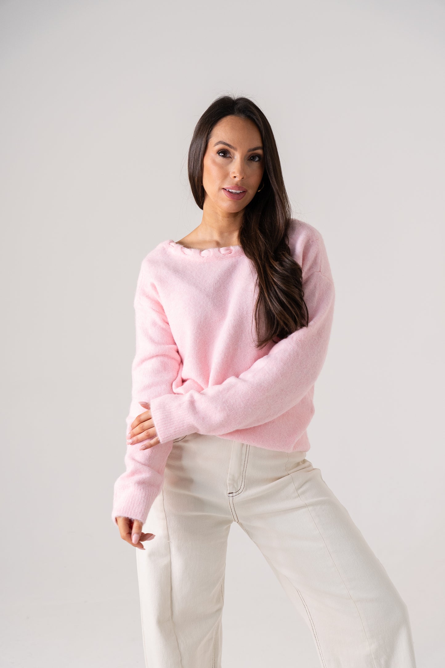 Ella Neck Detail Jumper In Pink