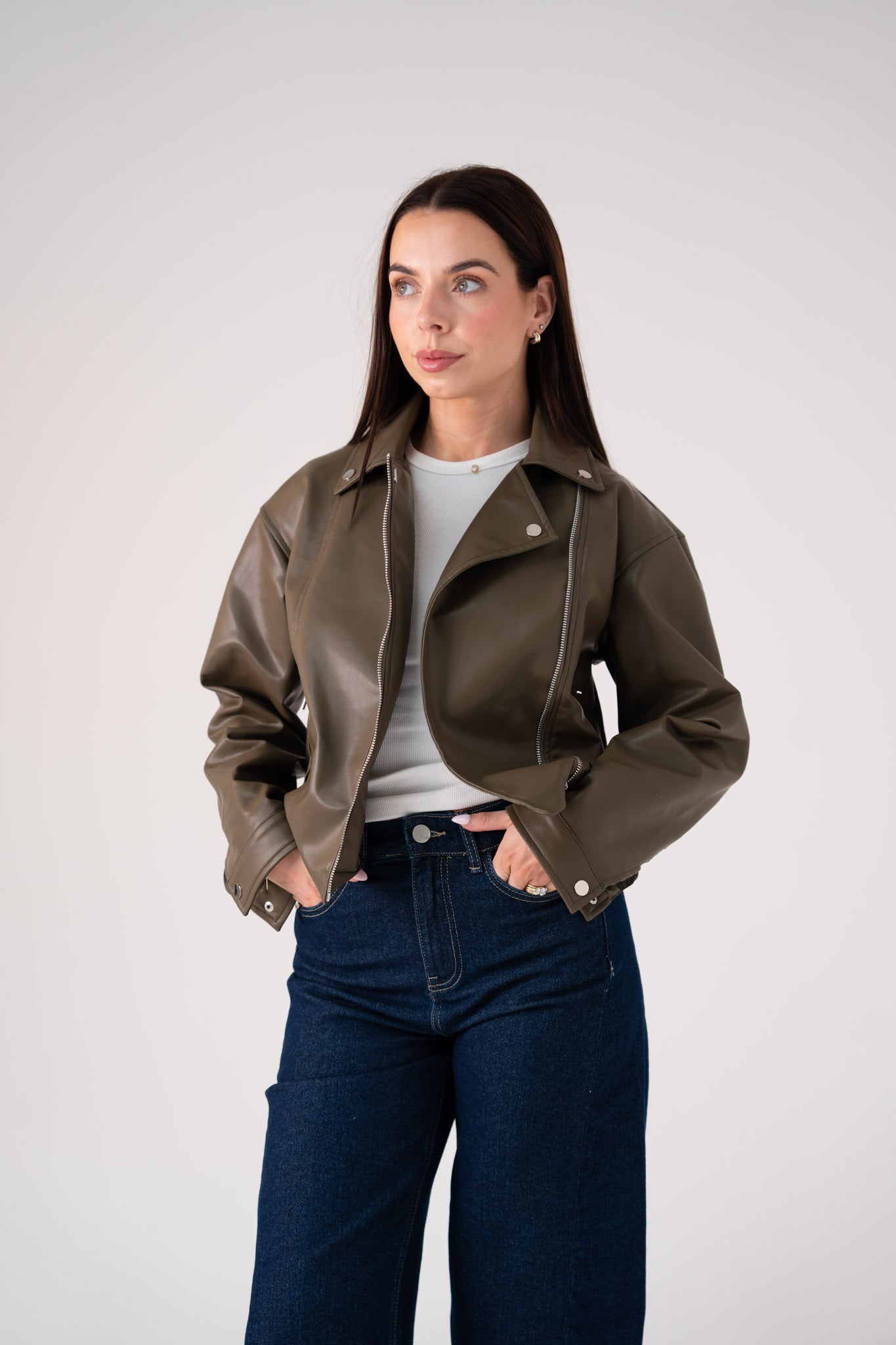 Love Laura Faux Leather Jacket In Khaki