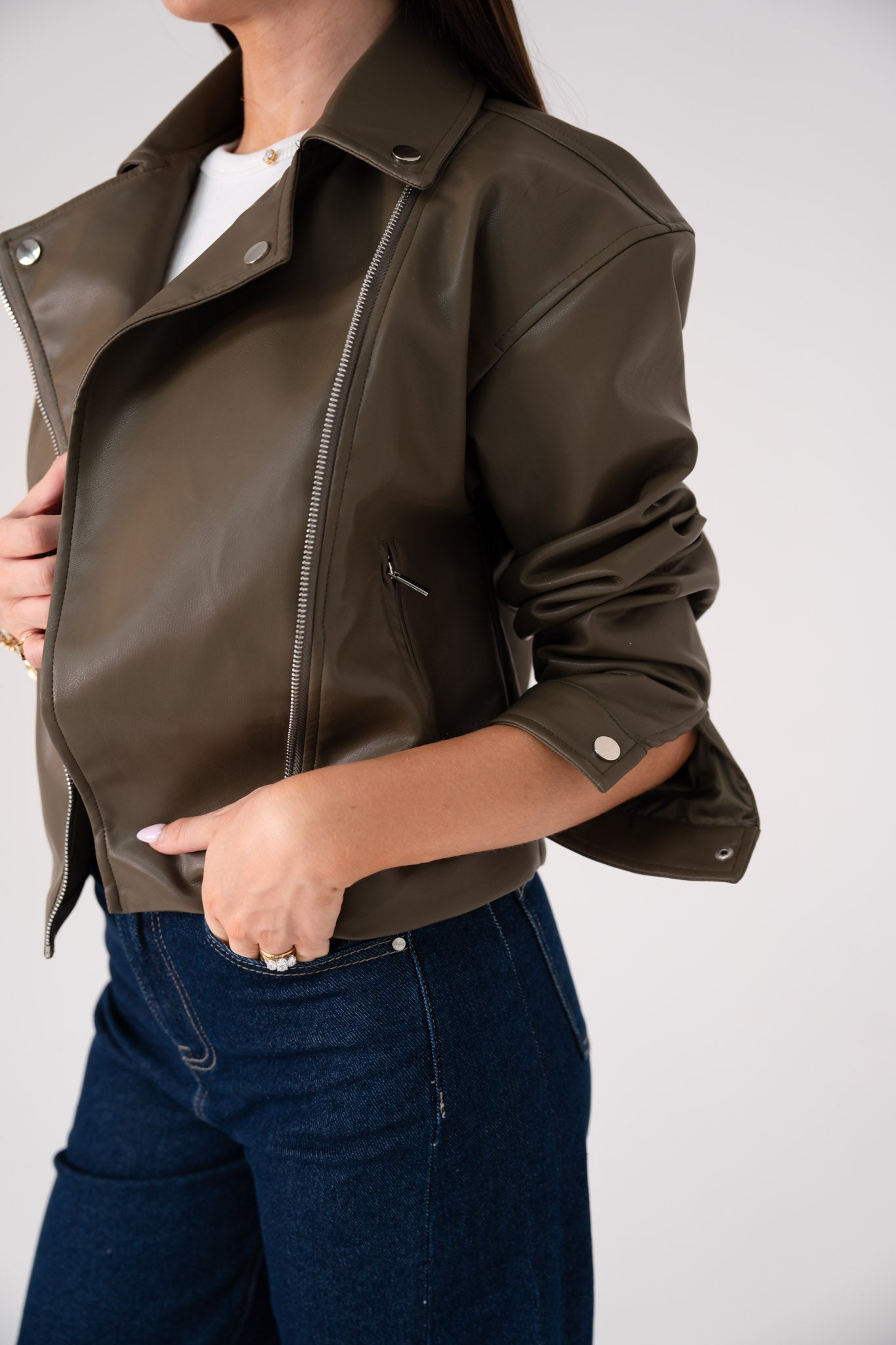 Love Laura Faux Leather Jacket In Khaki