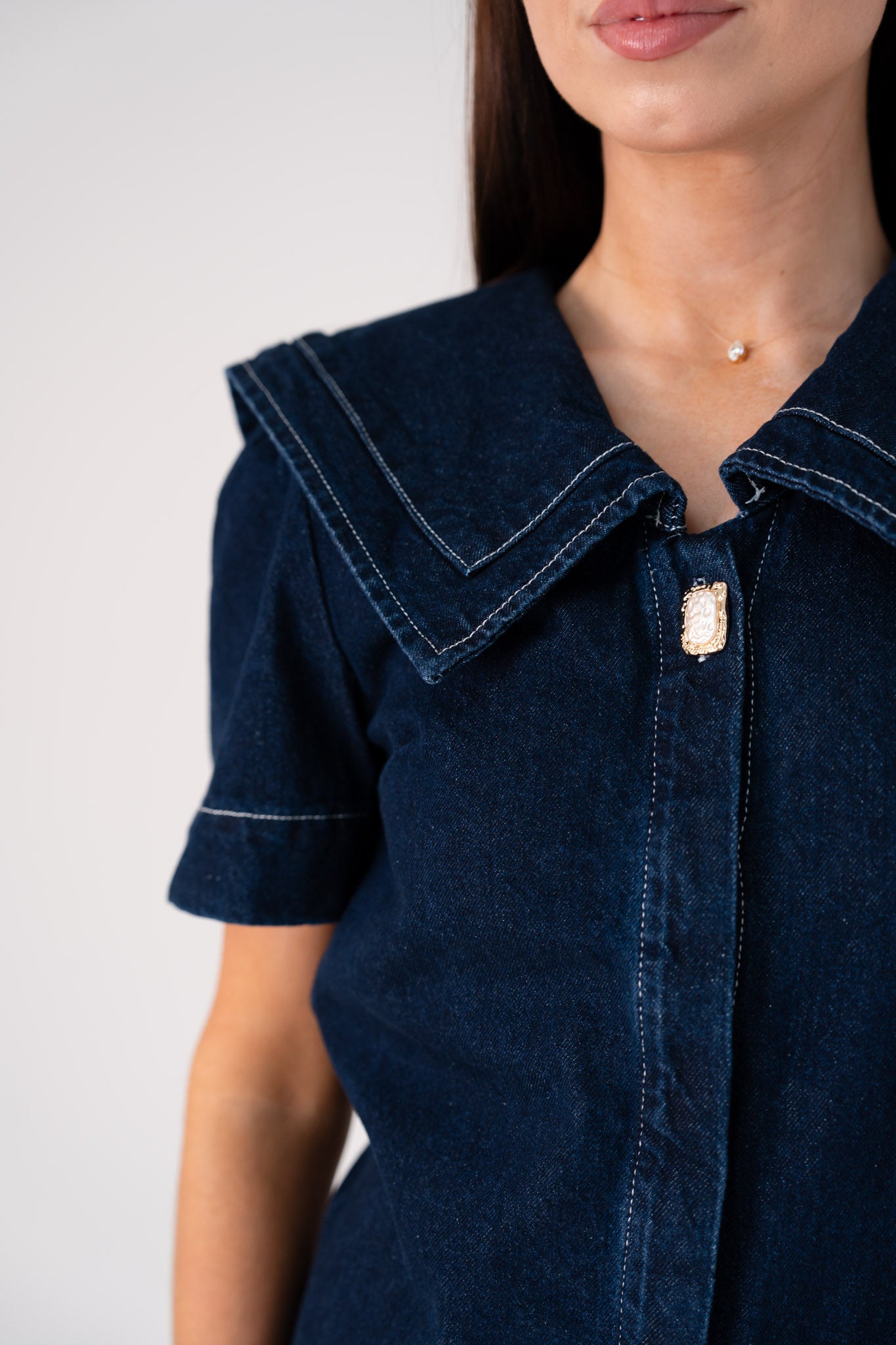Love Laura Statement Collar Top In Dark Wash