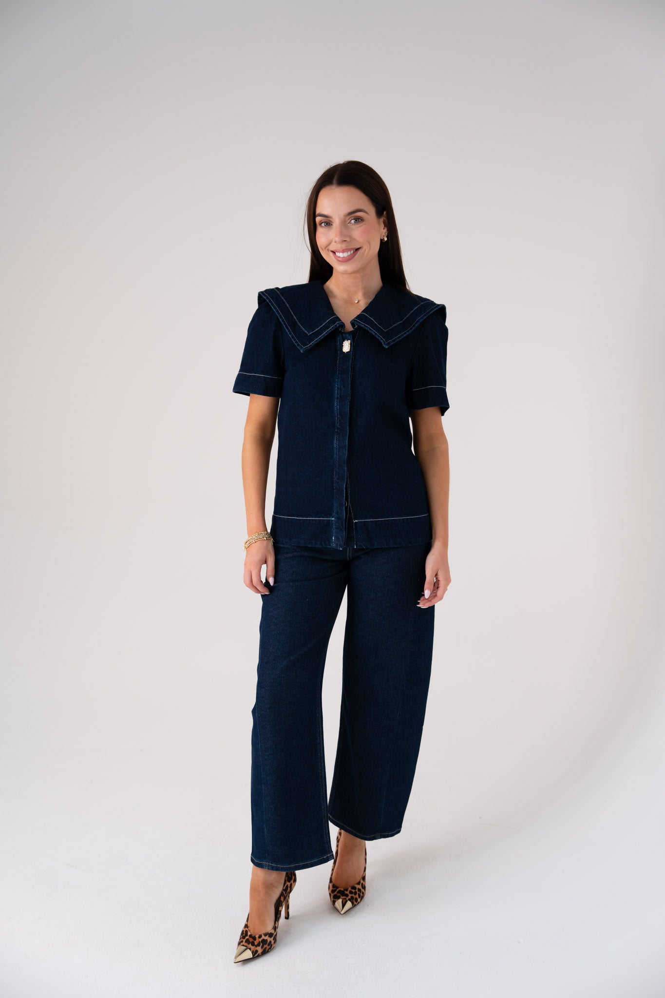 Love Laura Statement Collar Top In Dark Wash