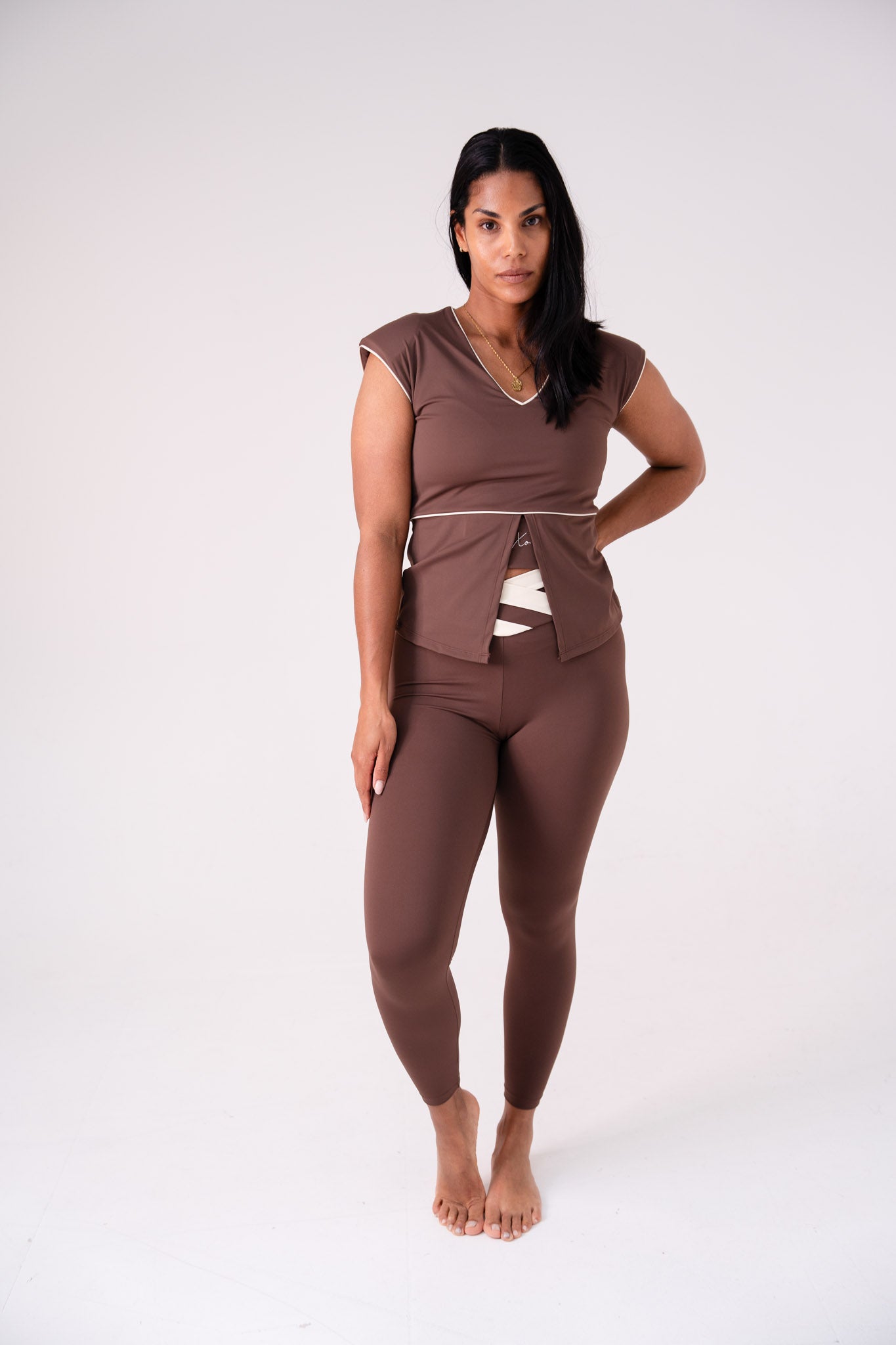 Love Laura Cream Trim Leggings In Chocolate