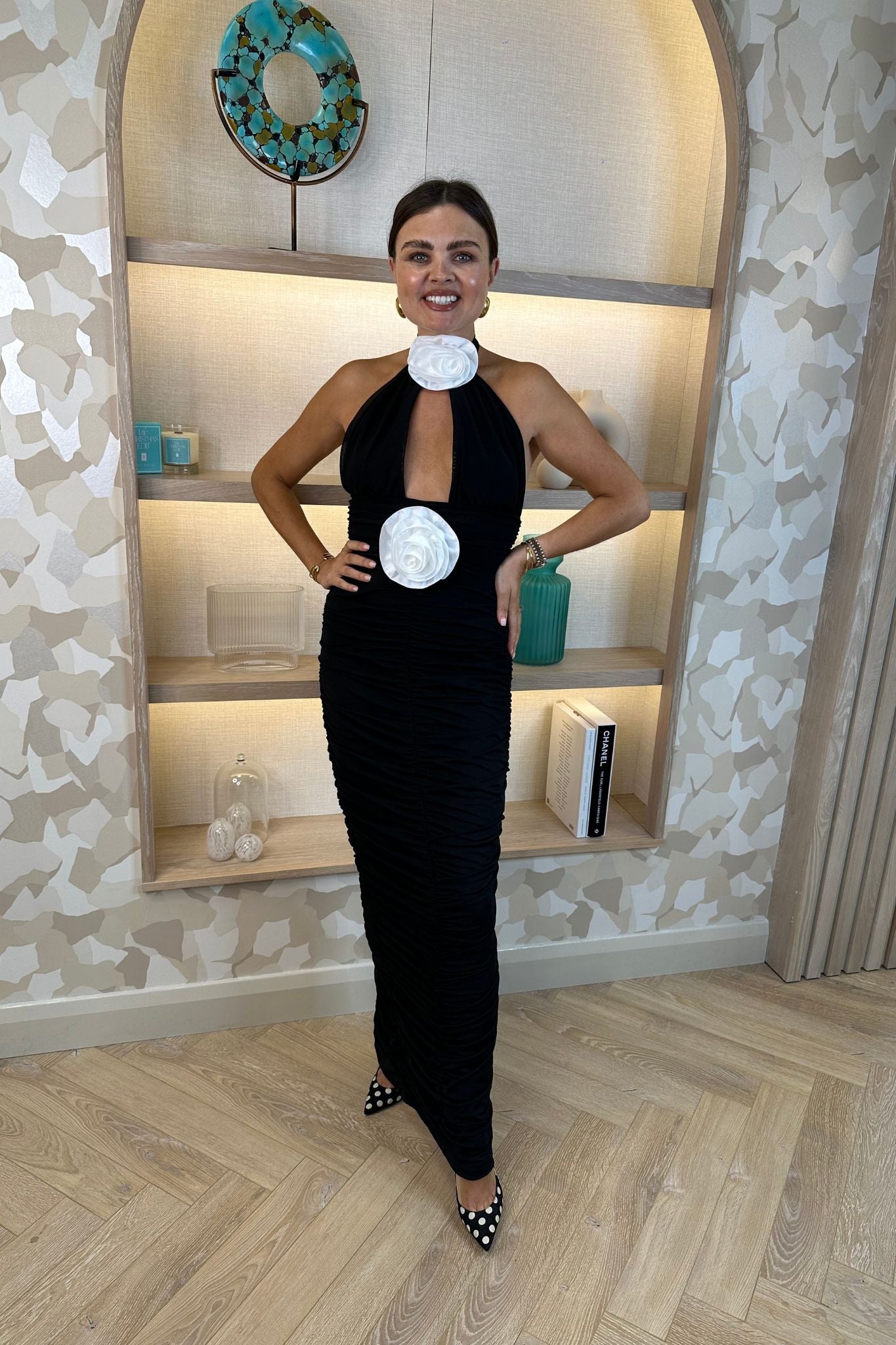 Holly Floral Halter Dress In Black