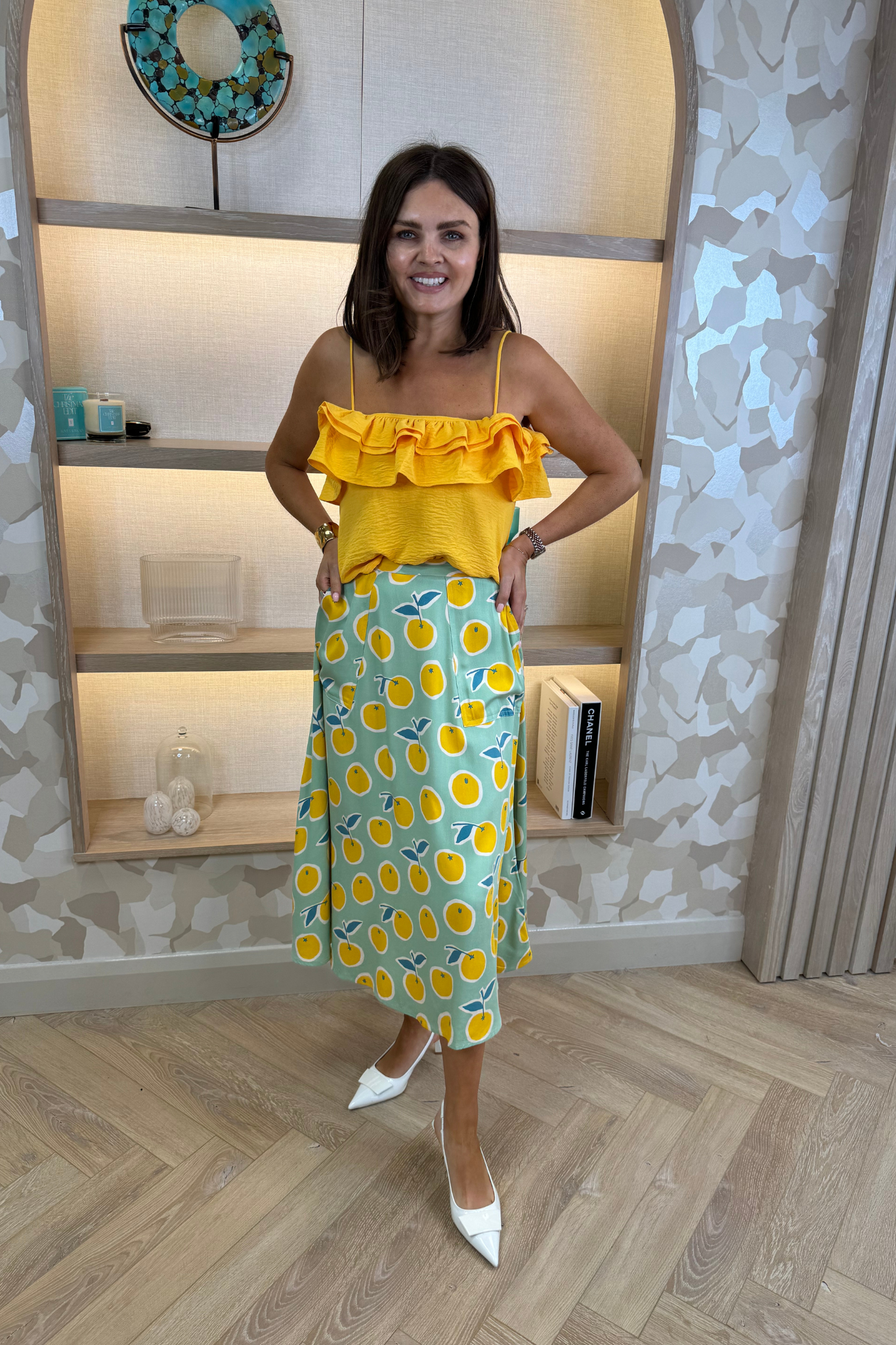 Frankie Orange & Lemon Print Skirt In Sage