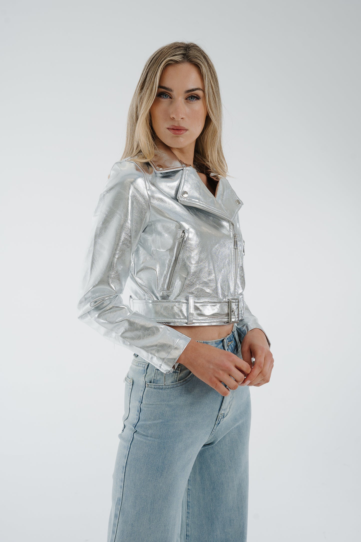 Flynn Metallic Biker Jacket In Silver