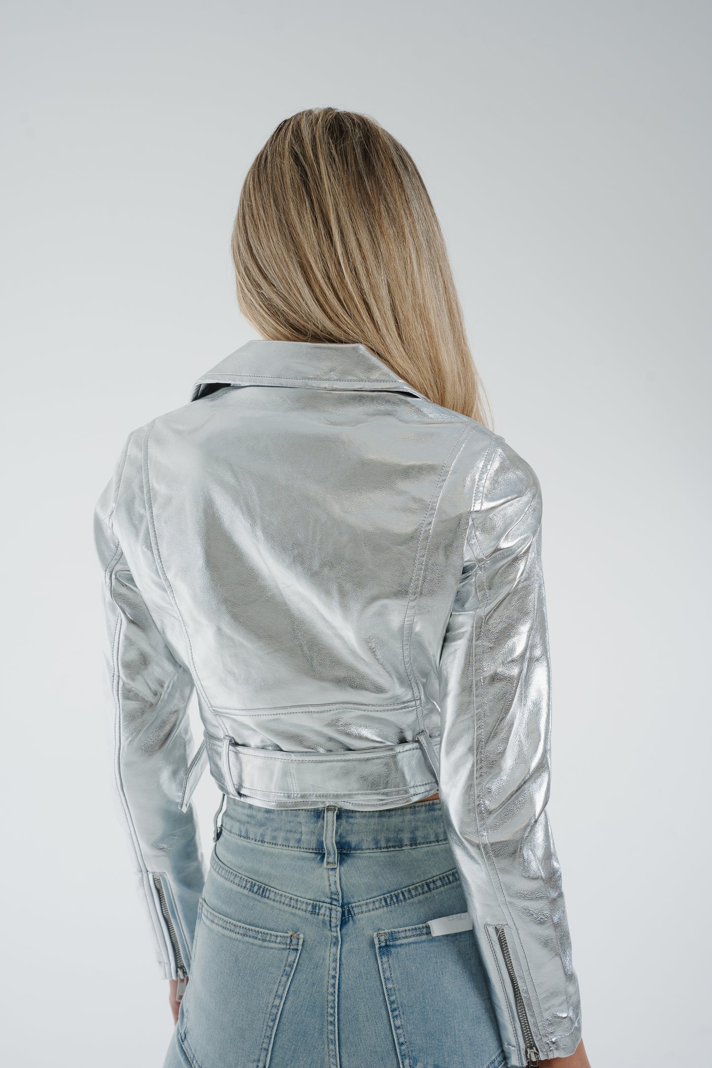 Flynn Metallic Biker Jacket In Silver