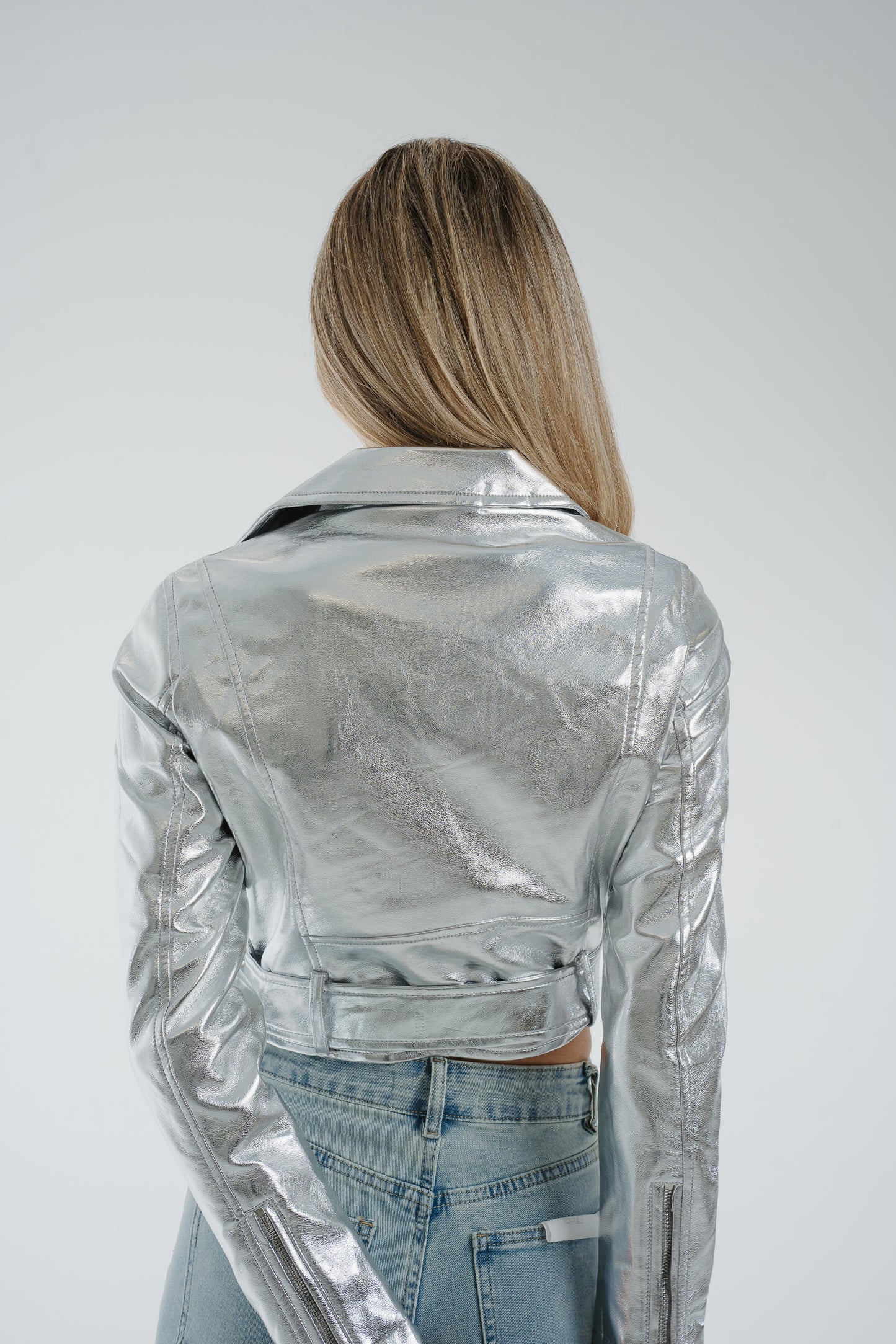 Flynn Metallic Biker Jacket In Silver