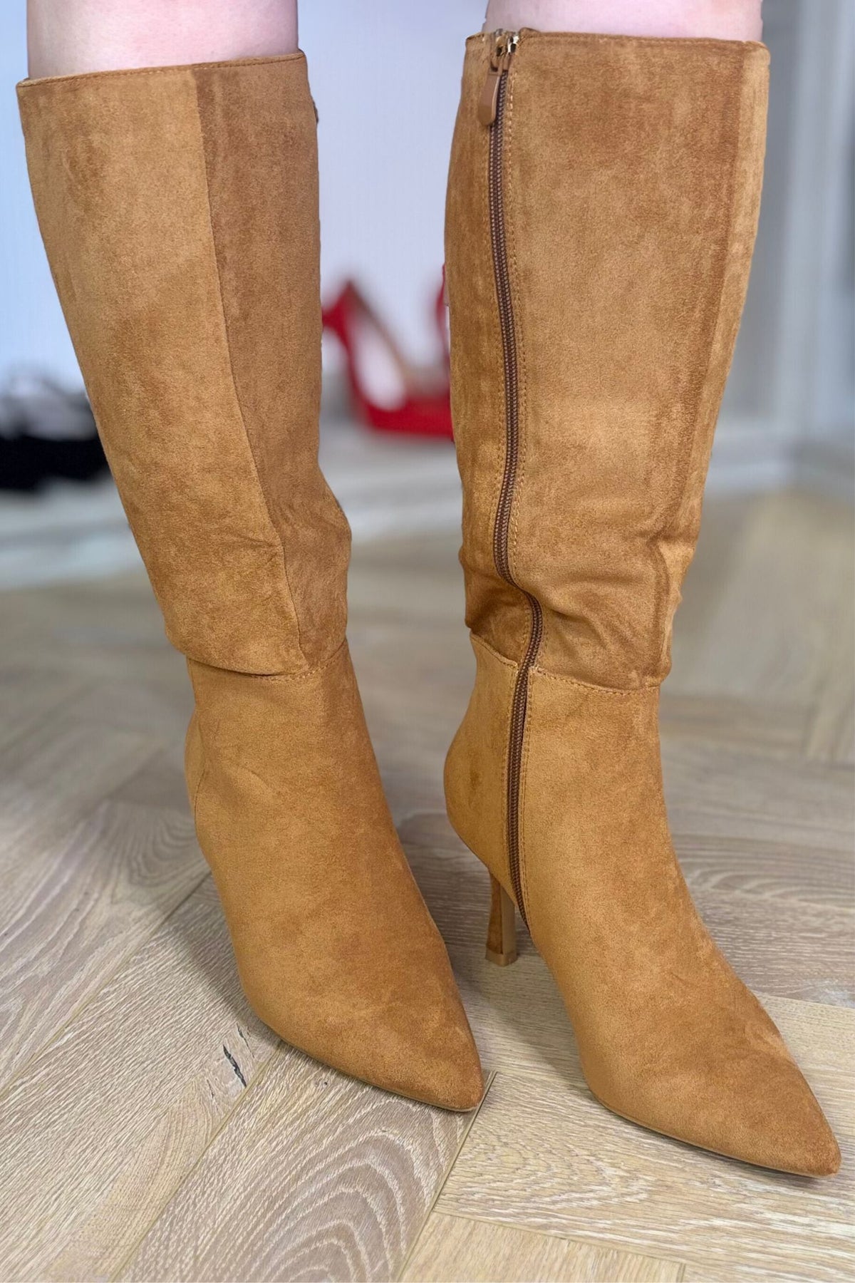 Cathy Faux Suede Heeled Boot In Camel