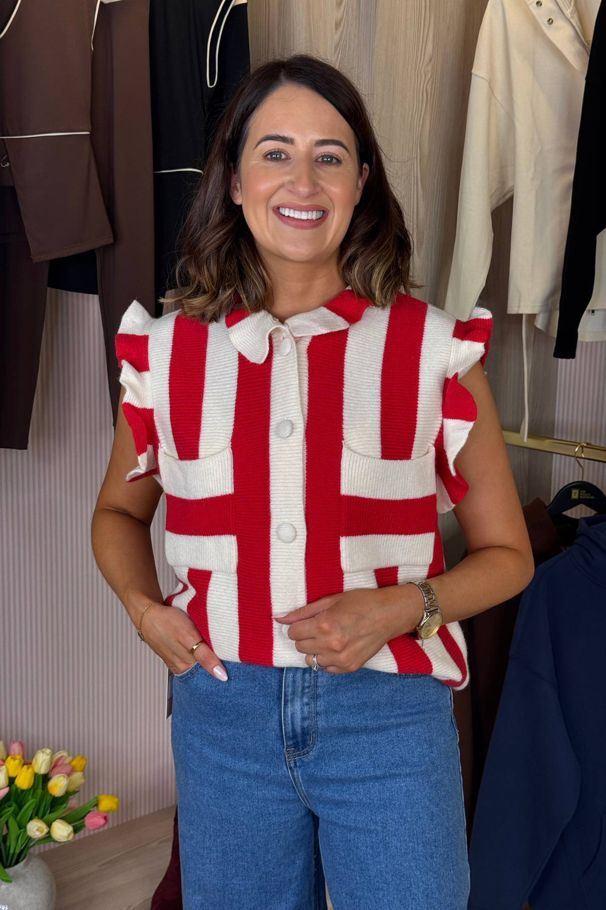 Holly Stripe Sleeveless Knit In Red Mix