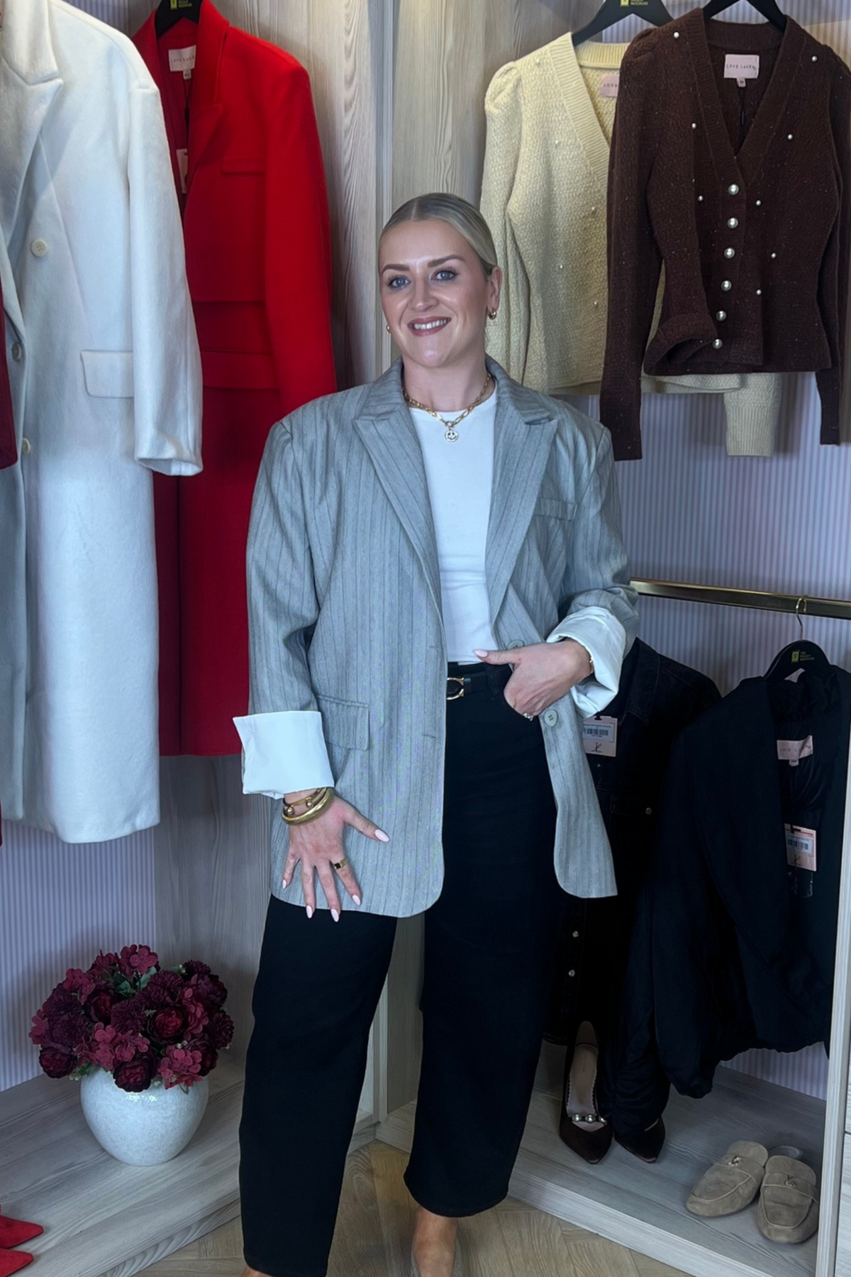 Elsa Pinstripe Blazer In Light Grey