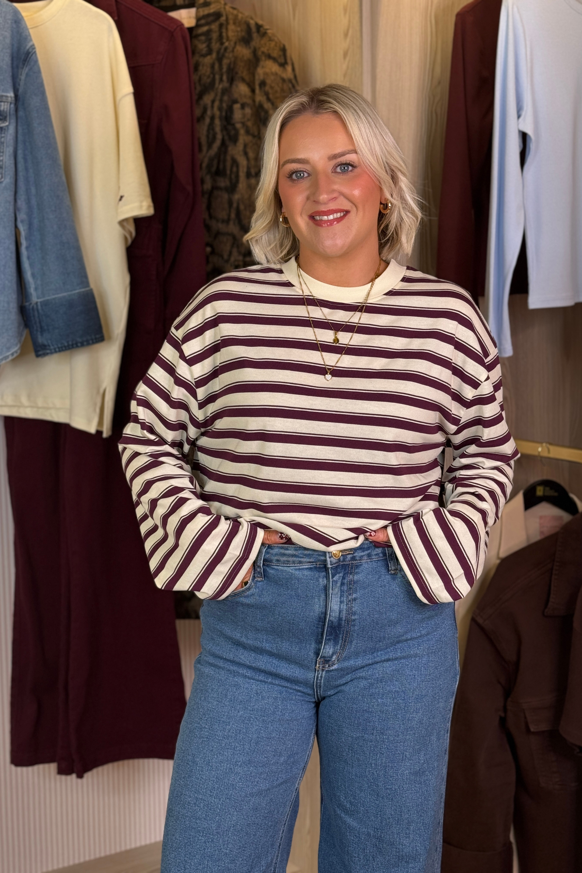 Kendra Long Sleeve Top In Bordeaux Stripe