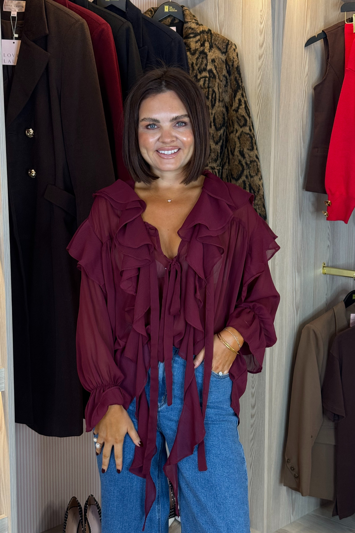 Kendra Ruffle Blouse In Burgundy