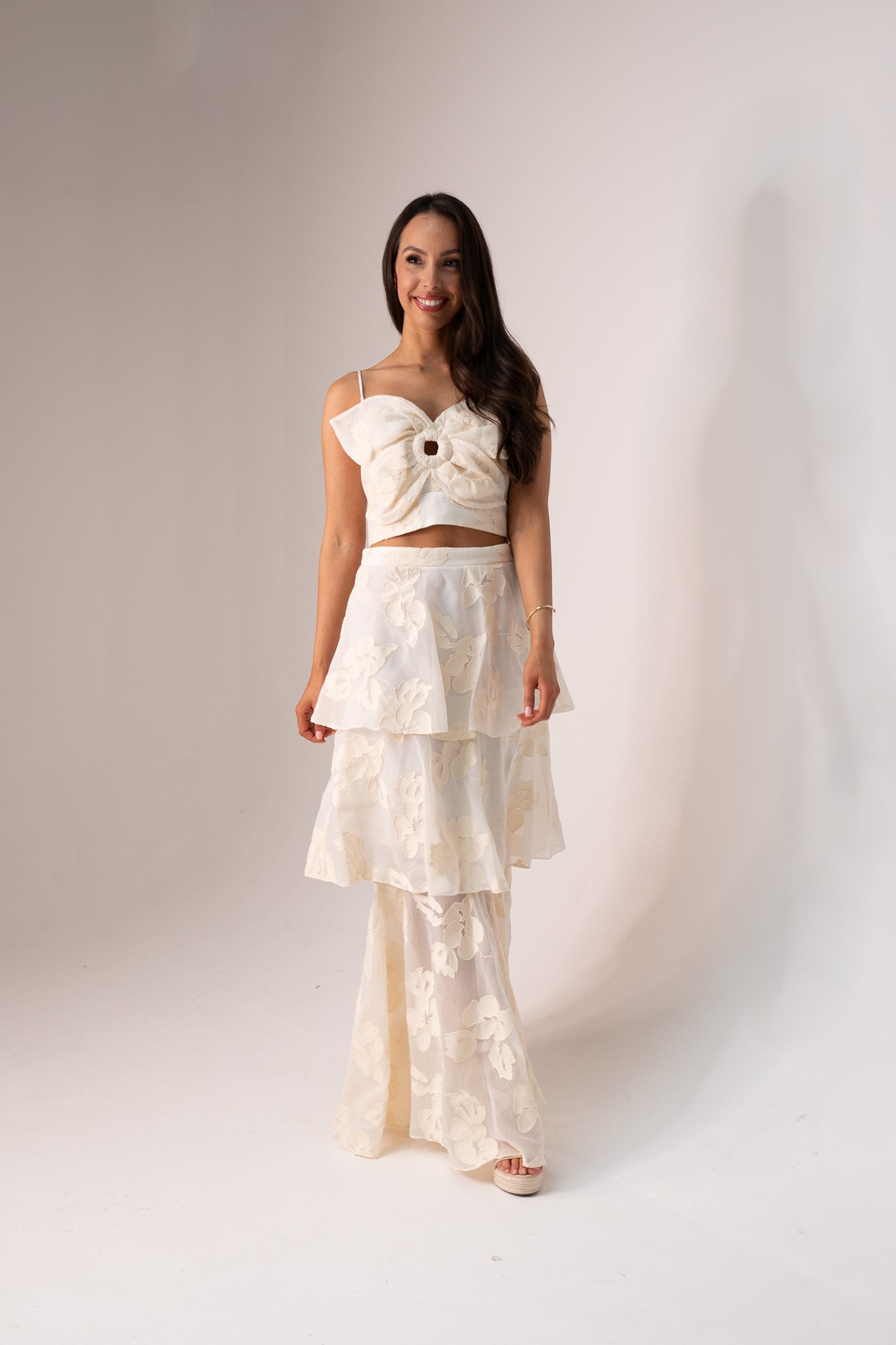Alana Tiered Floral Skirt In Cream