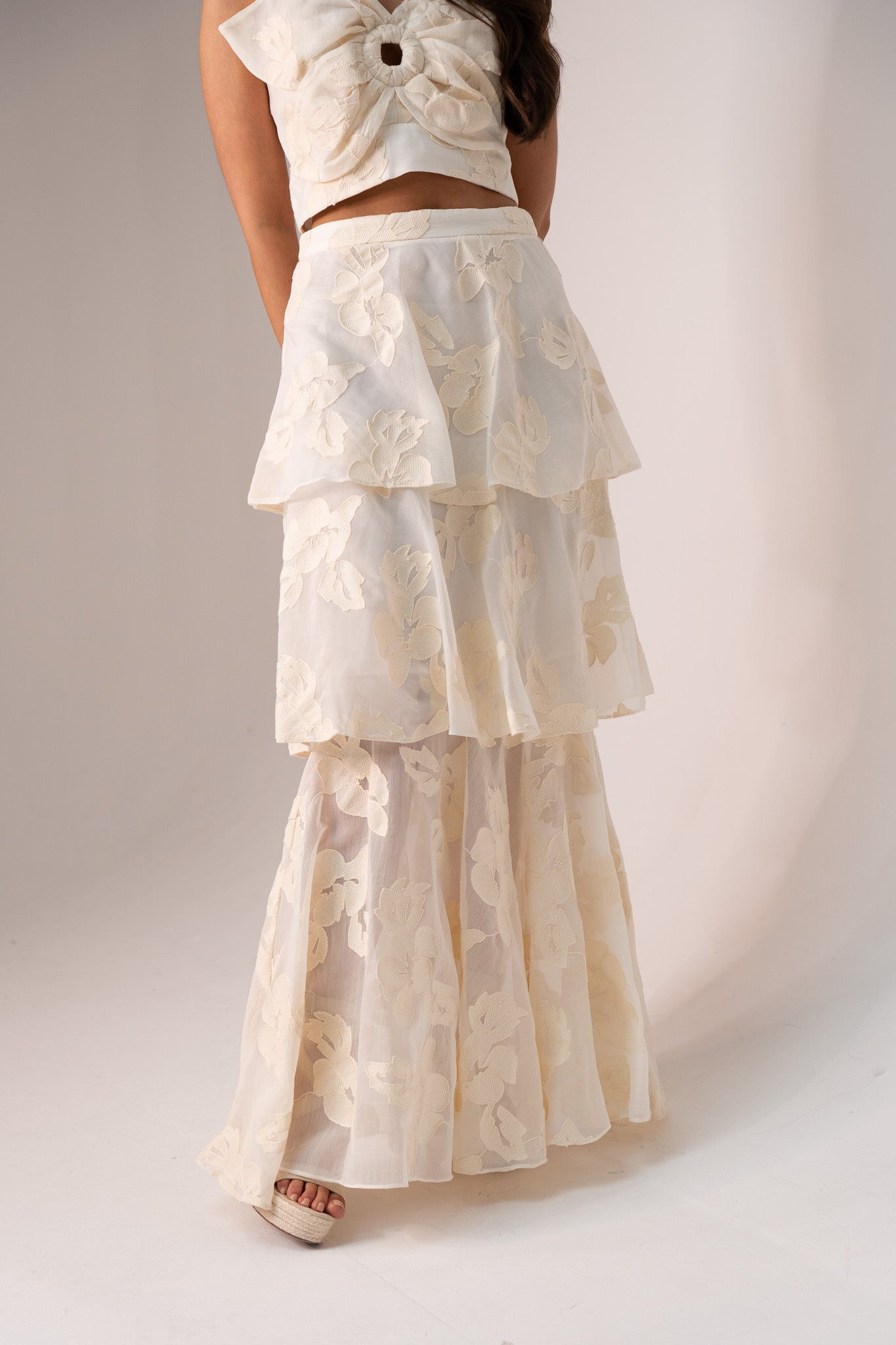 Alana Tiered Floral Skirt In Cream