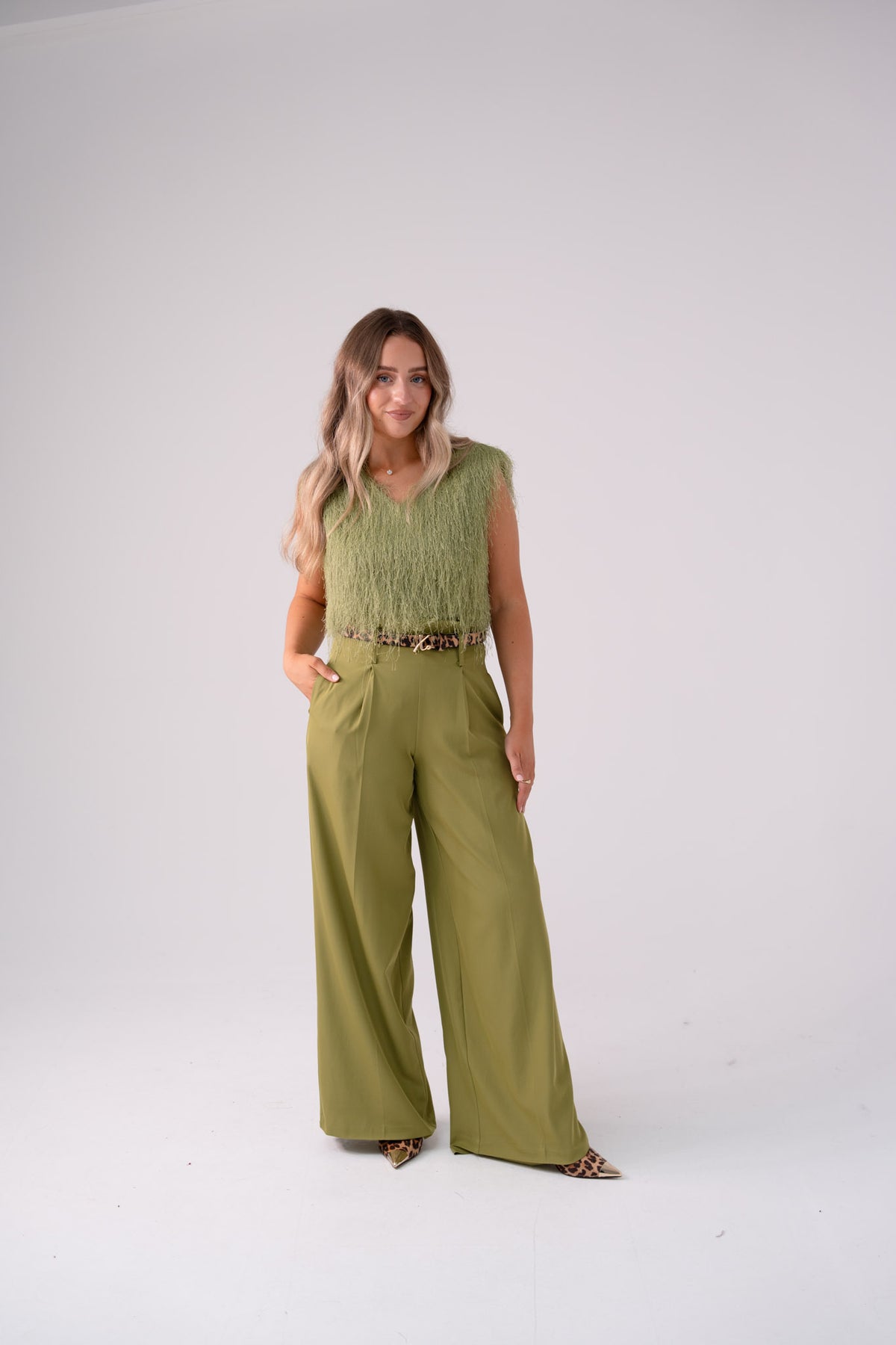 Love Laura Textured Fringed V-Neck Top In Olive